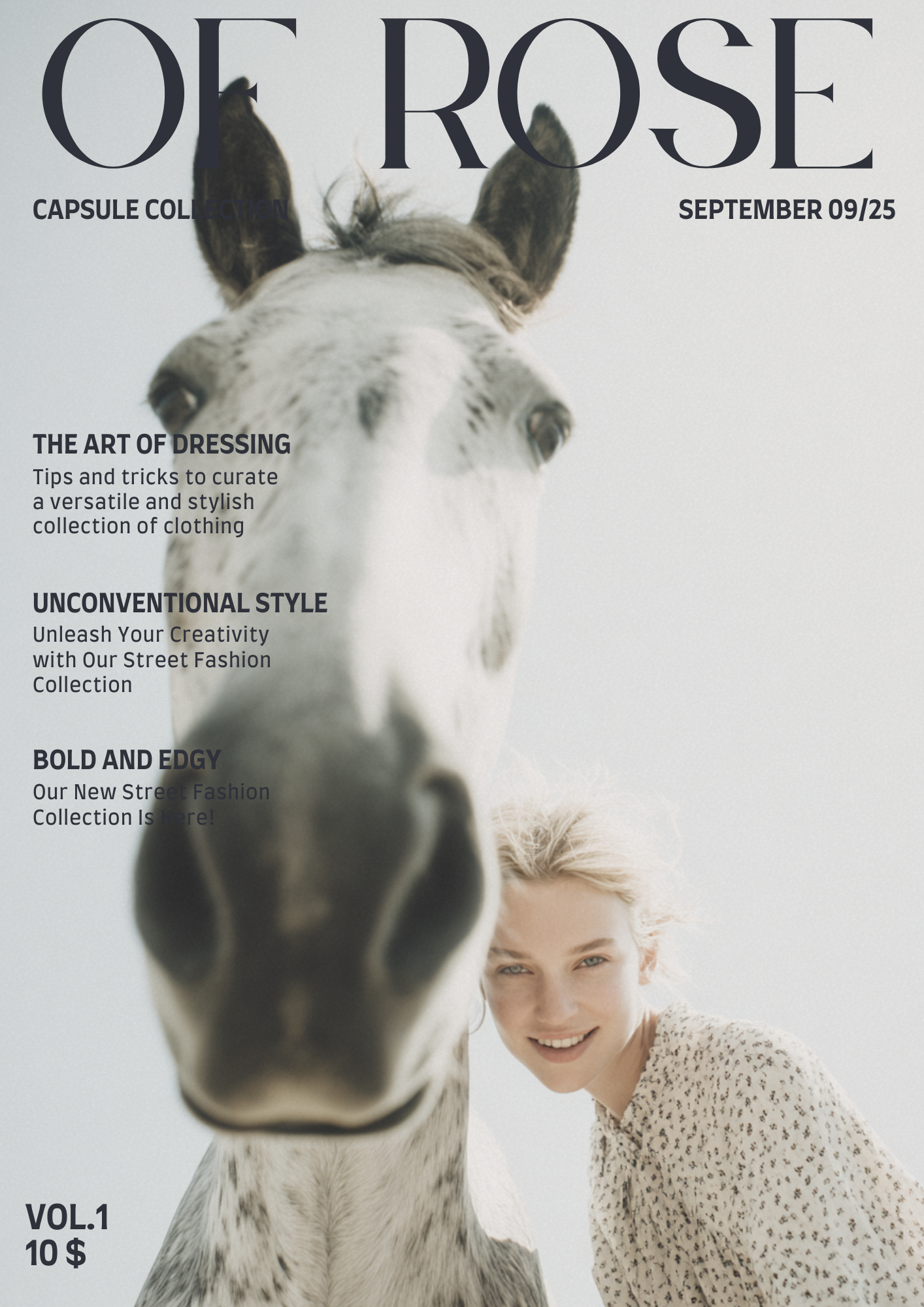 A woman with blonde hair smiling next to a close-up of a horse's face, with the horse's nose in the foreground and its ears visible at the top of the image.