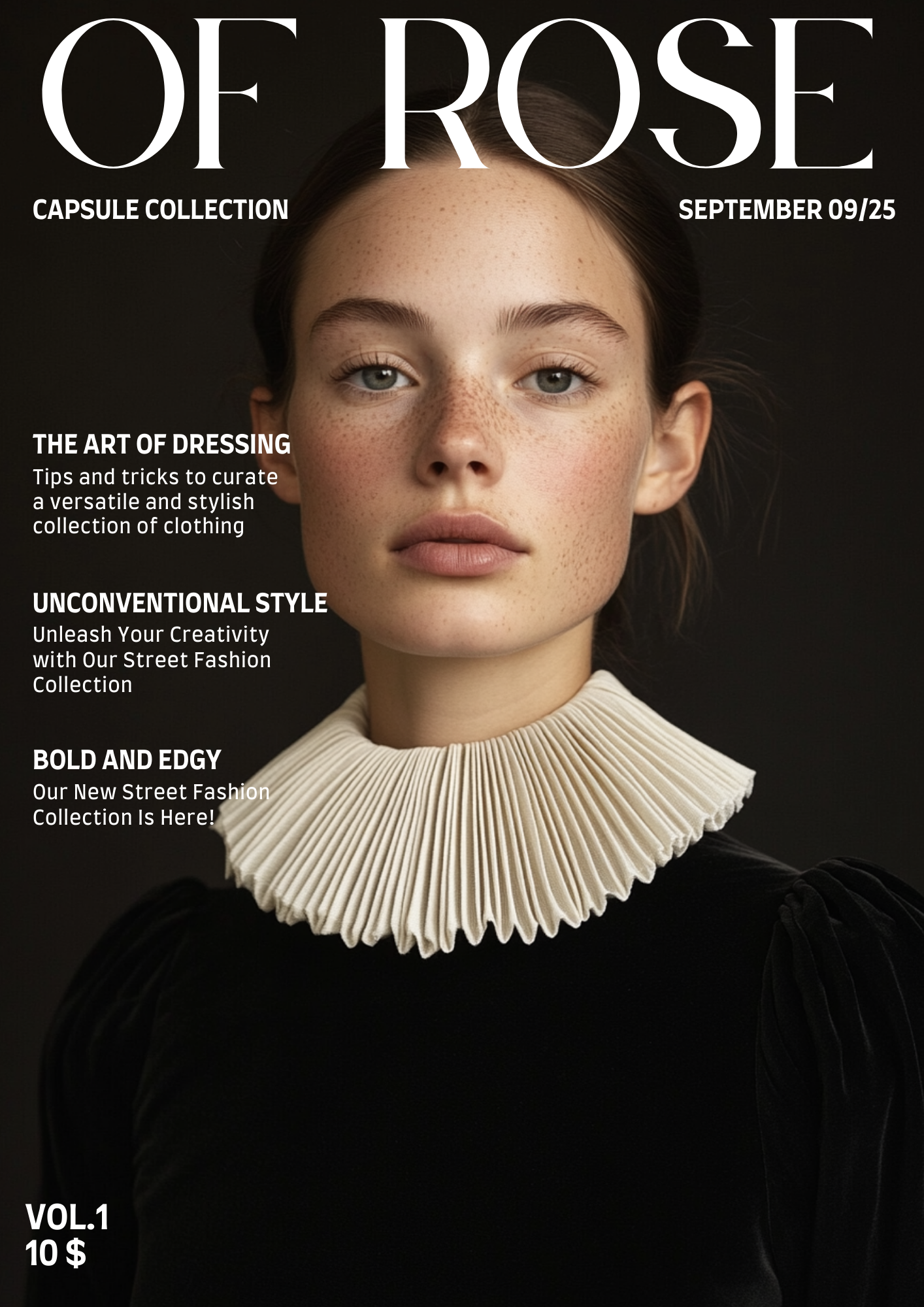 Fashion magazine cover featuring a close-up of a young woman with freckles, wearing a black top and an elaborate pleated cream collar, with magazine titles and headlines in white text.