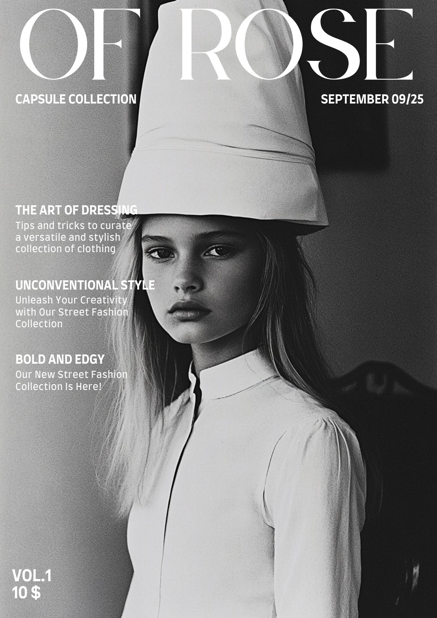 A black and white magazine cover featuring a young woman wearing a large hat and a collared top, with text about fashion topics and collection releases.