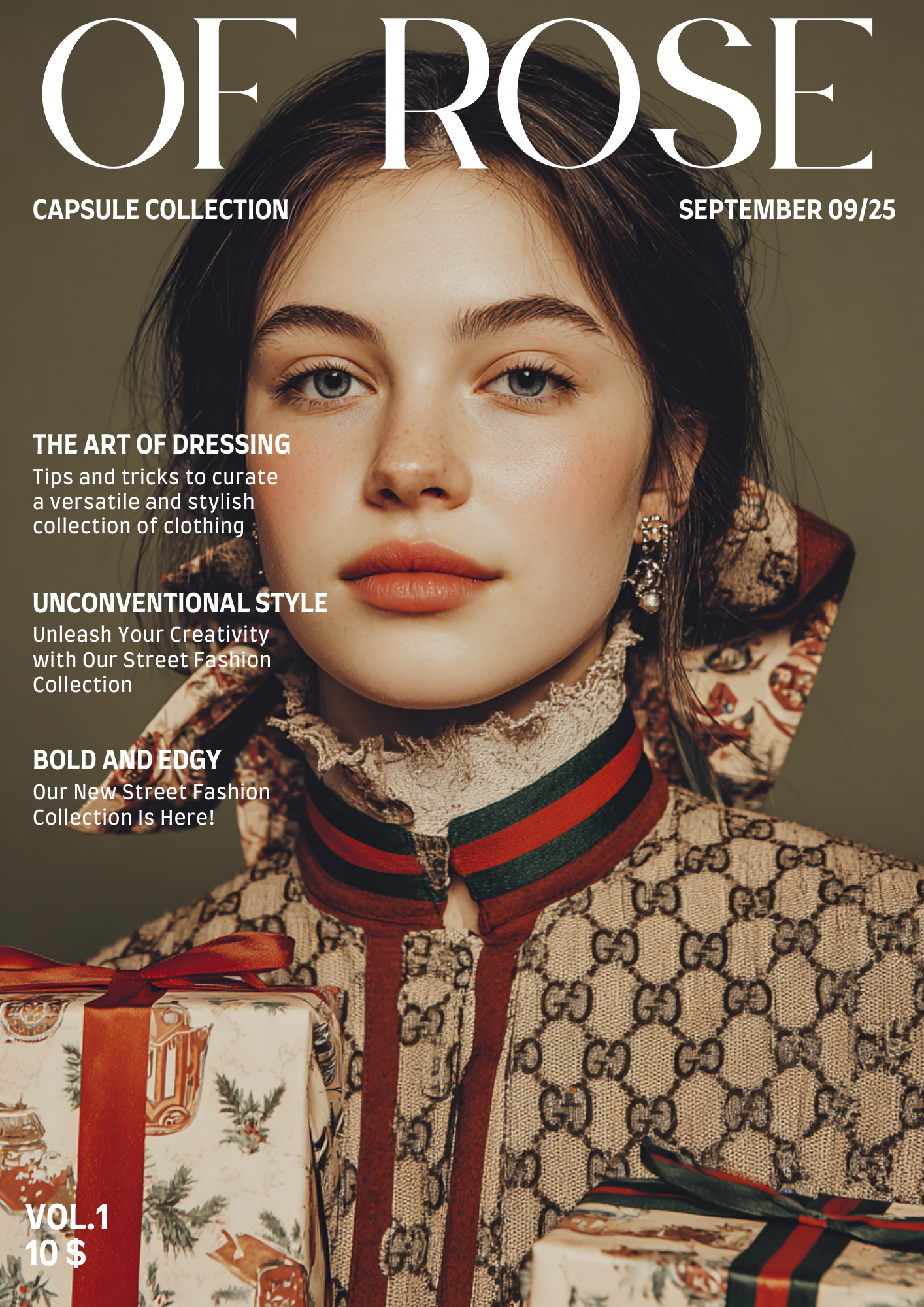 Close-up of a young woman with light skin and blue eyes on the cover of a fashion magazine titled "Of Rose." She is wearing a designer patterned jacket with red and green accents and is holding a wrapped gift with holiday-themed wrapping paper and a 