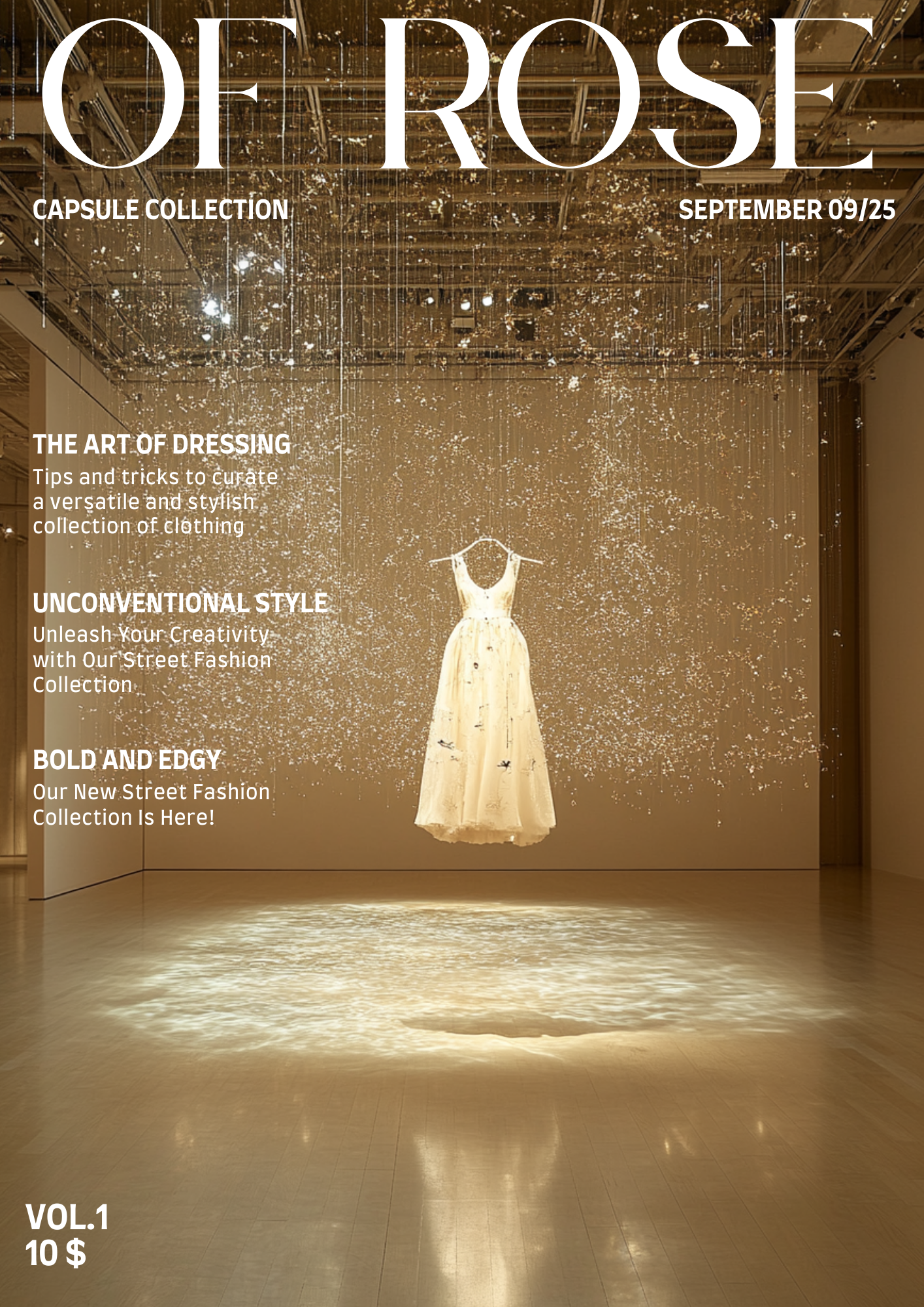 Magazine cover titled 'Of Rose', featuring an art installation of a white dress hanging in the center of a room with a reflective floor and suspended sparkling decorations from the ceiling. Text on cover includes headlines about dressing, street fash