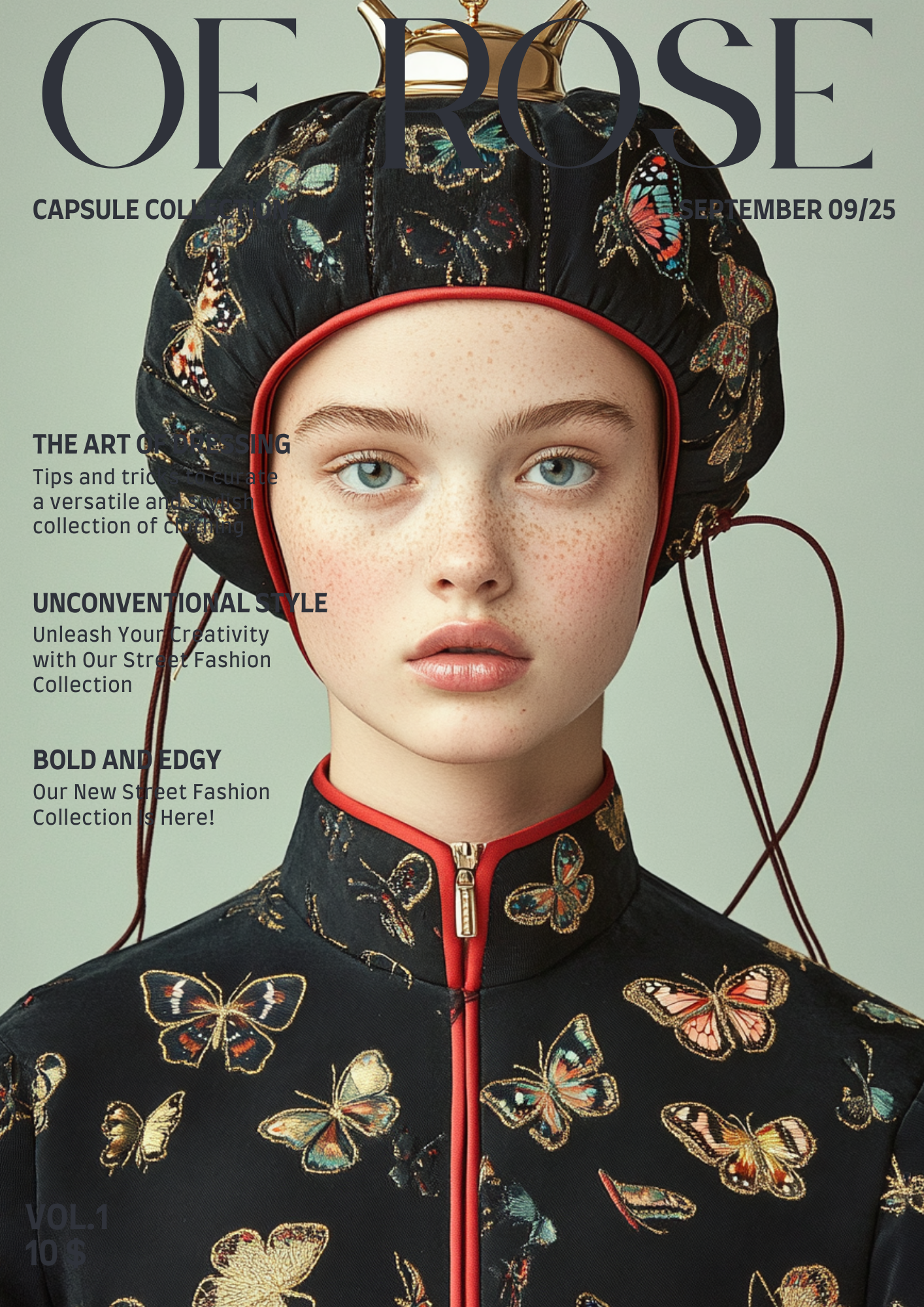 Fashion magazine cover featuring a woman with blue eyes and freckles wearing a black outfit with butterfly patterns and a matching bonnet with embroidered butterflies.