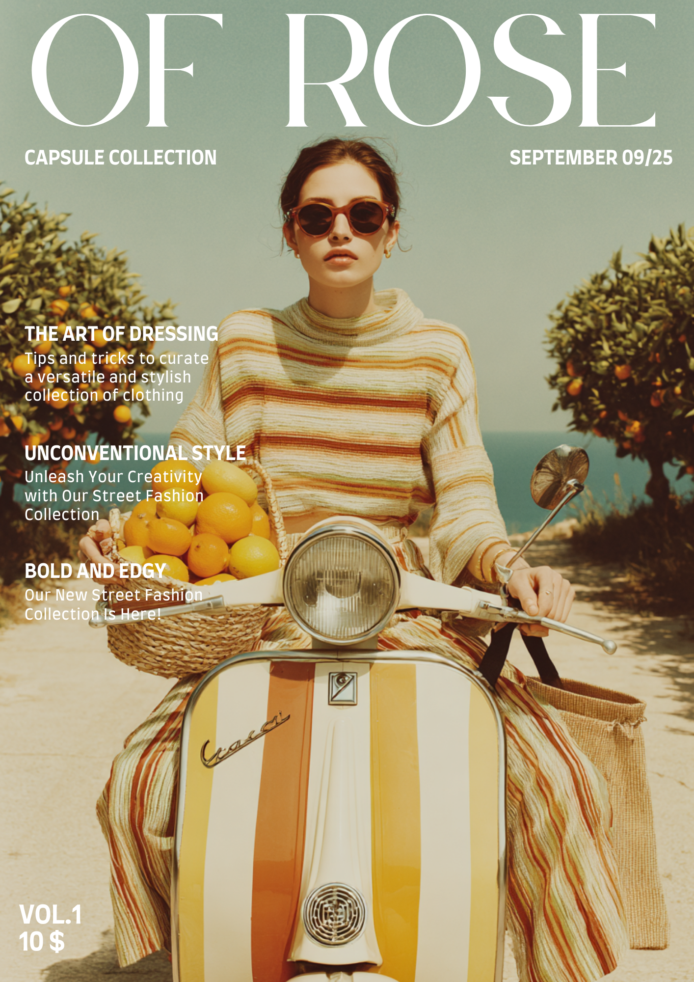 A woman riding a vintage yellow and white scooter with a basket full of lemons during daytime near the coast, wearing a striped sweater and sunglasses.