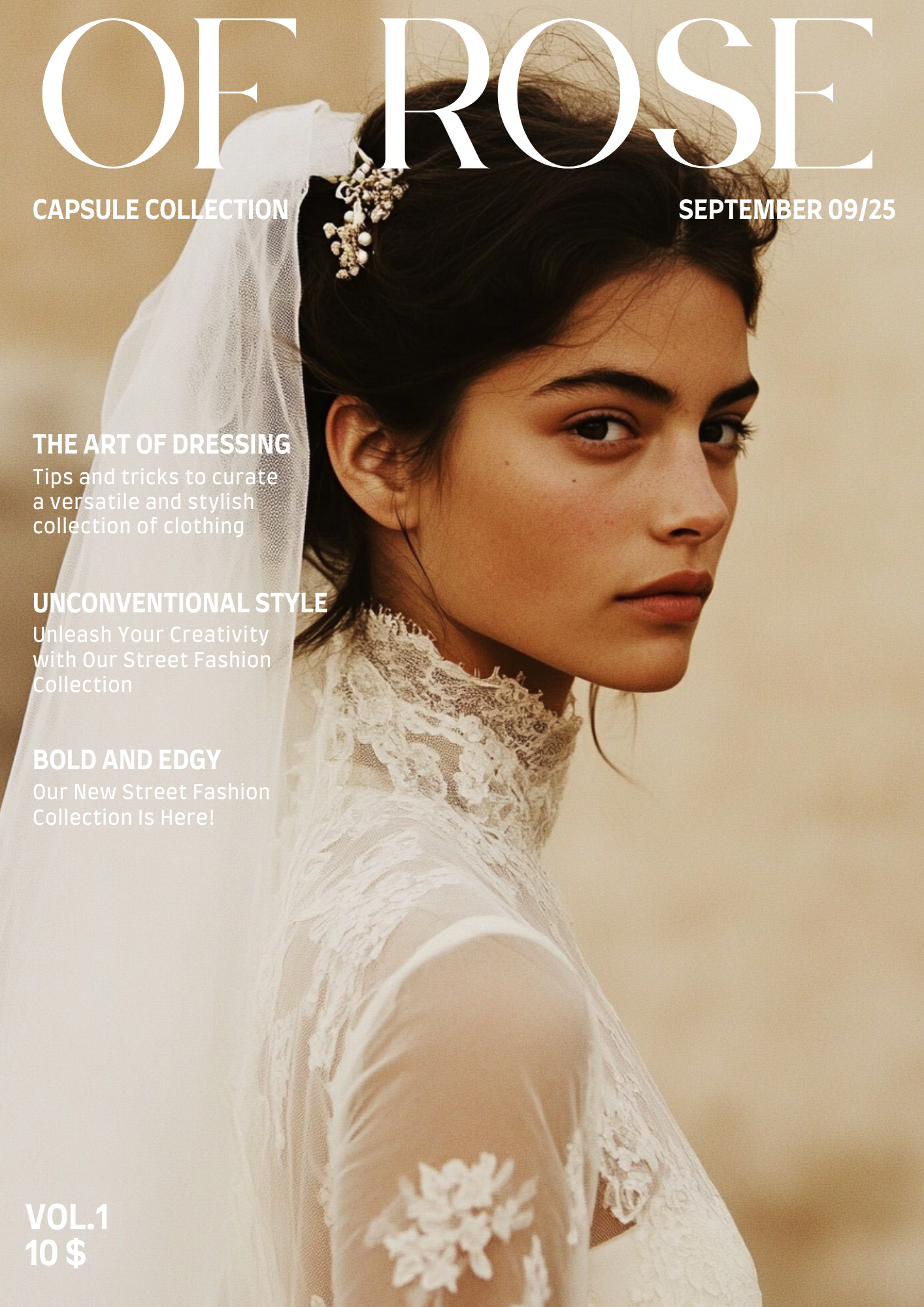 A young woman wearing a lace wedding dress with a sheer veil and a pearl and floral hair accessory, looking over her shoulder against a neutral background.