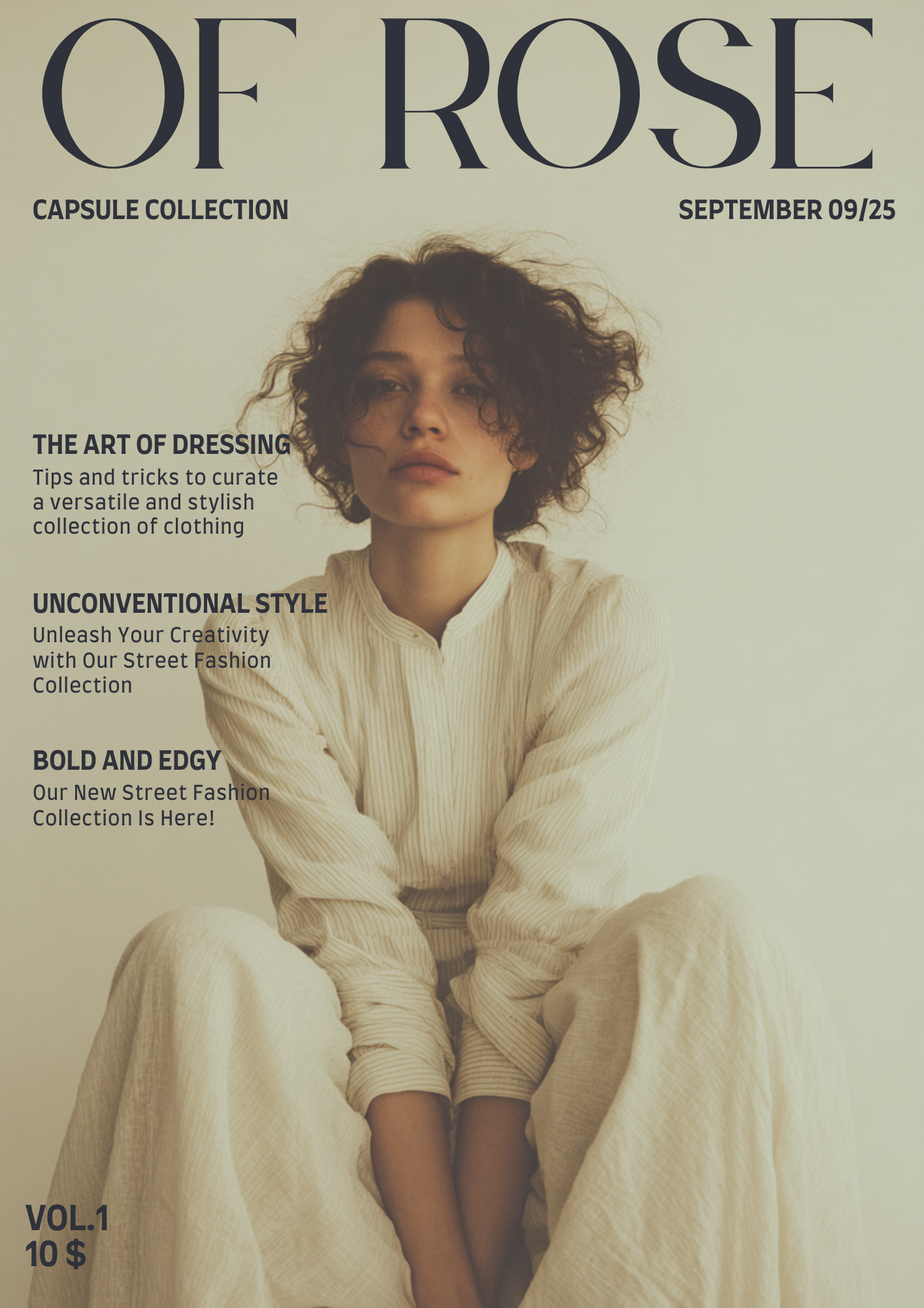 Magazine cover featuring a woman with curly hair, wearing a cream-colored outfit, sitting with her knees up and looking at the camera. The magazine is titled 'Of Rose' and includes headlines about fashion tips, street style, and a new collection, pri