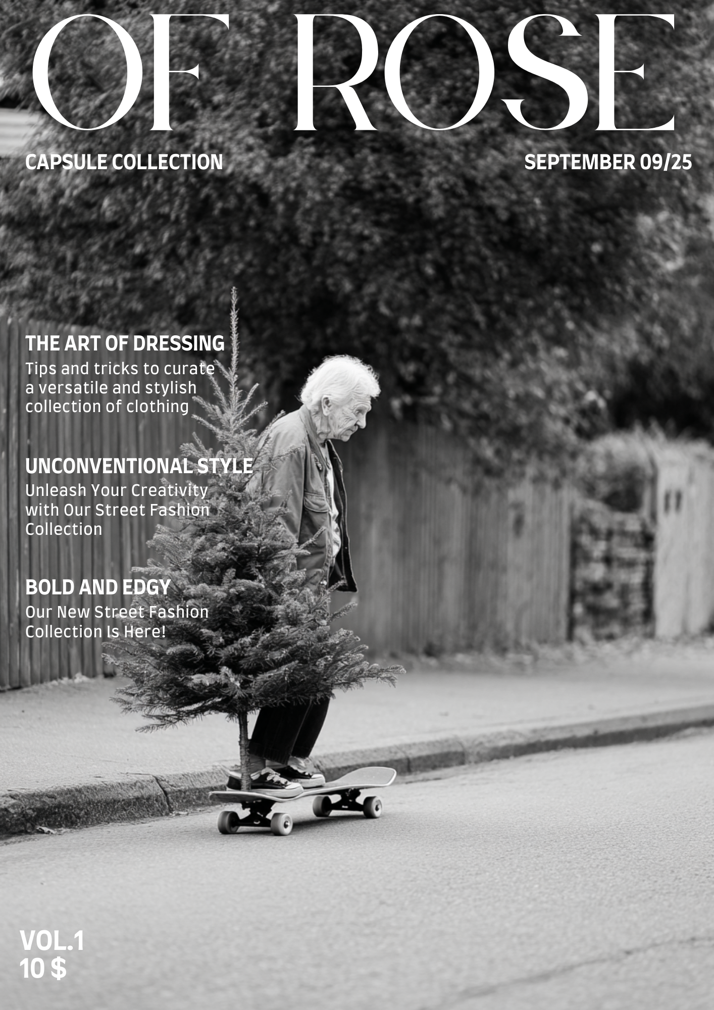 A black-and-white magazine cover titled 'Of Rose'. It features an elderly person skateboarding on a street while holding a small Christmas tree. The cover includes headlines about fashion tips, street style, and a new fashion collection, with the iss