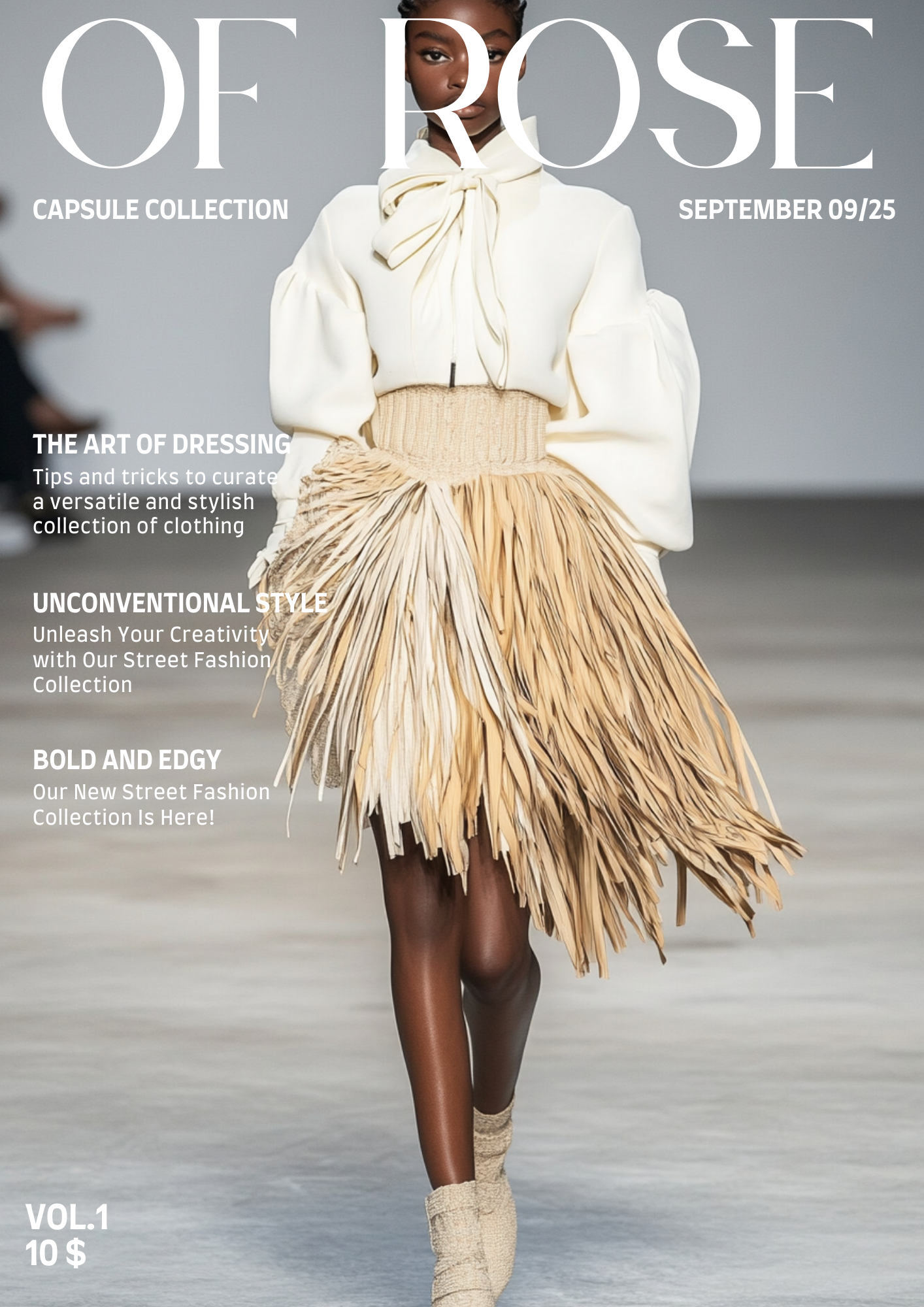 Fashion magazine cover featuring a model in a beige and cream-colored outfit with a fringed skirt, walking on a runway. Text includes "Of Rose" and promotional information about fashion collections and style tips.