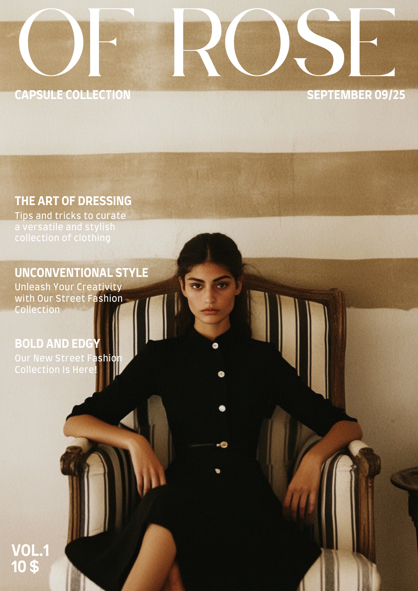 Magazine cover titled 'Of Rose' featuring a young woman sitting in a vintage striped armchair, wearing a black dress, with a neutral expression.