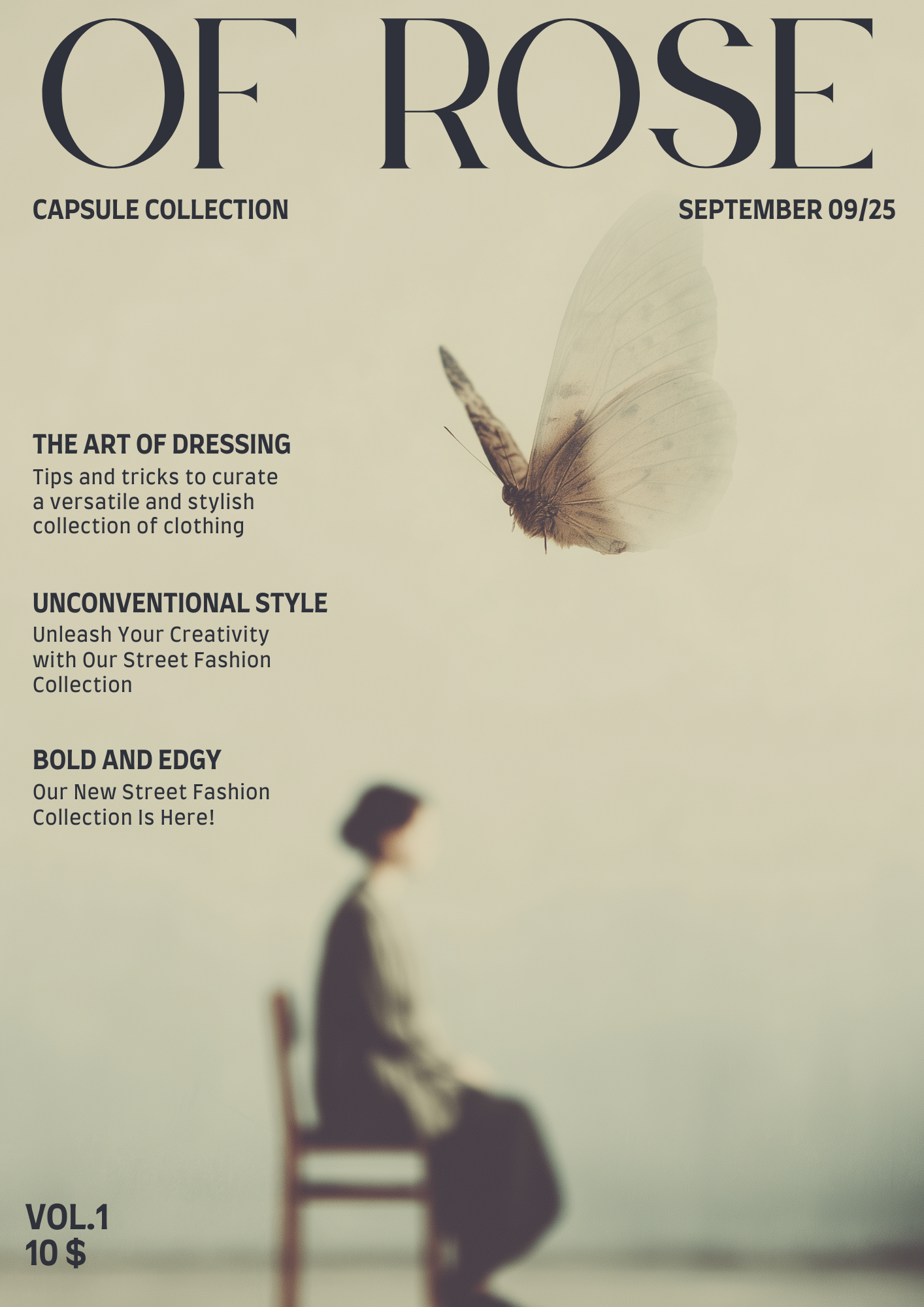 A magazine cover titled 'Of Rose' featuring a blurred silhouette of a person sitting on a chair in the background and a detailed butterfly in the foreground.