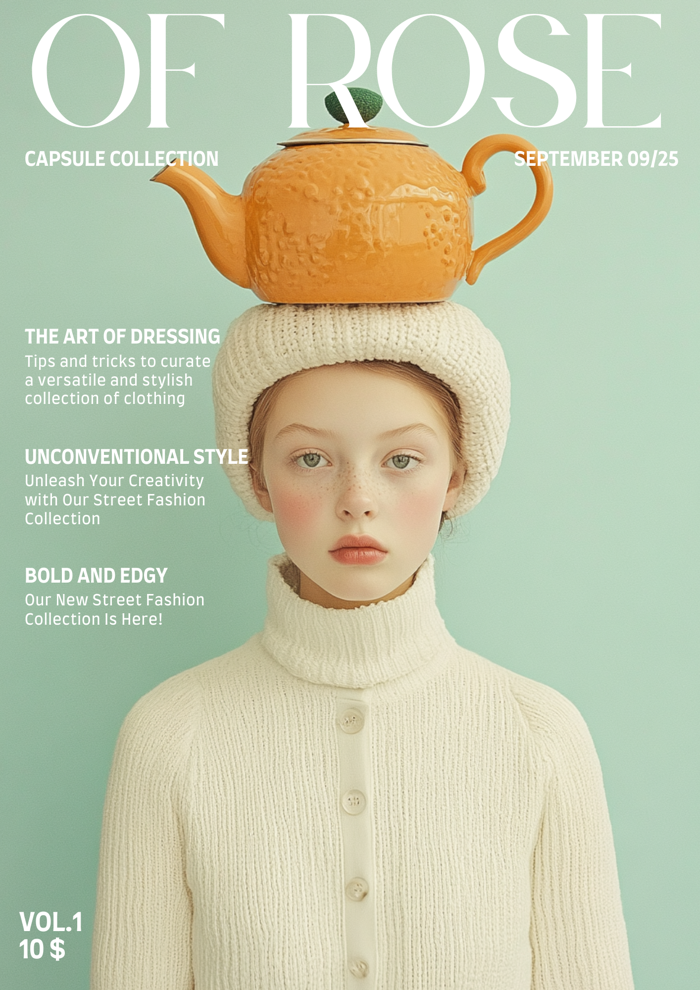 A young woman with light skin and freckles wearing a cream turtleneck sweater and a knit hat, with an orange teapot on her head against a mint green background.