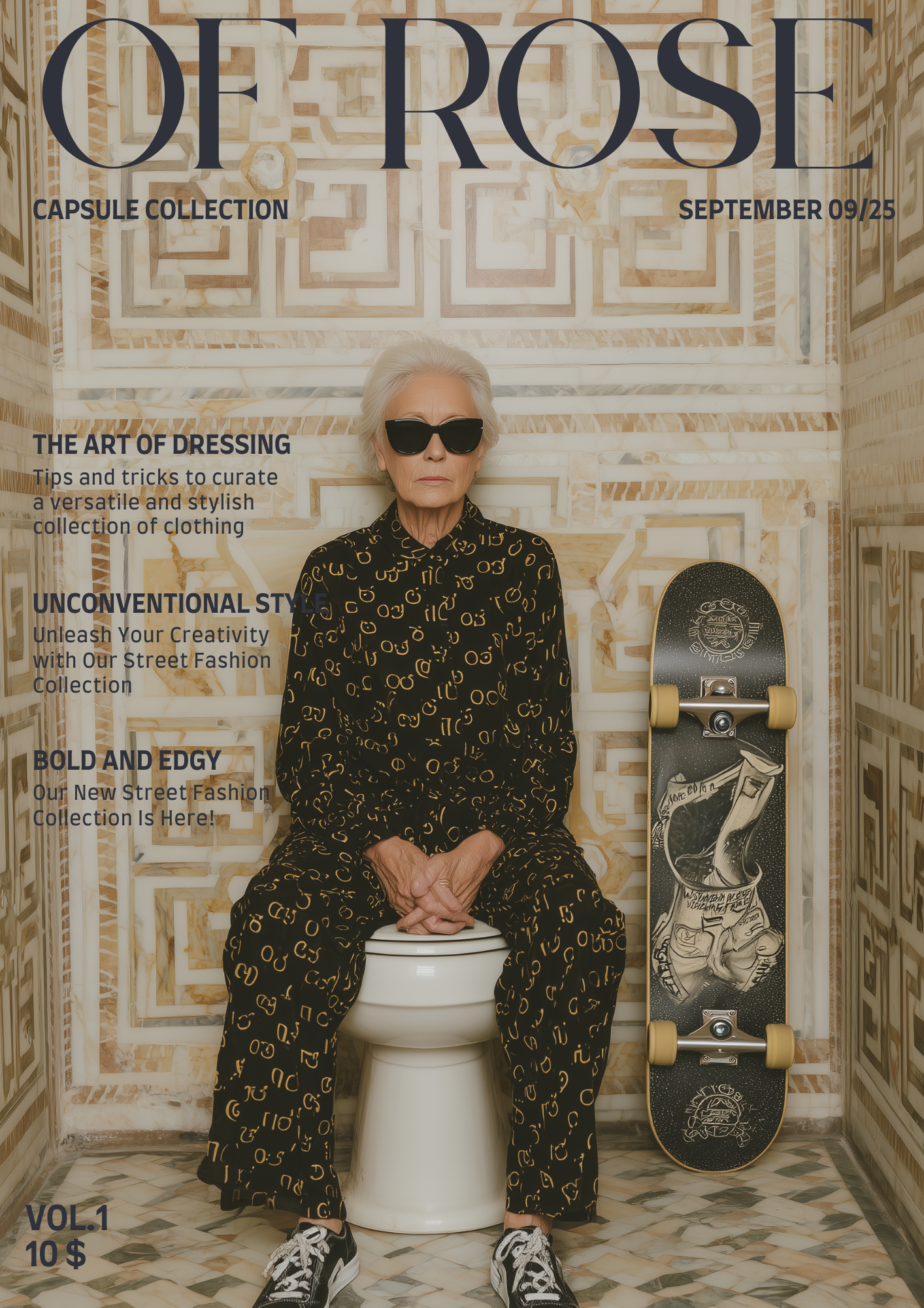 A woman with white hair, wearing sunglasses and a black outfit with yellow patterns, sitting on a toilet in a decorative bathroom with a skateboard leaning against the wall beside her.
