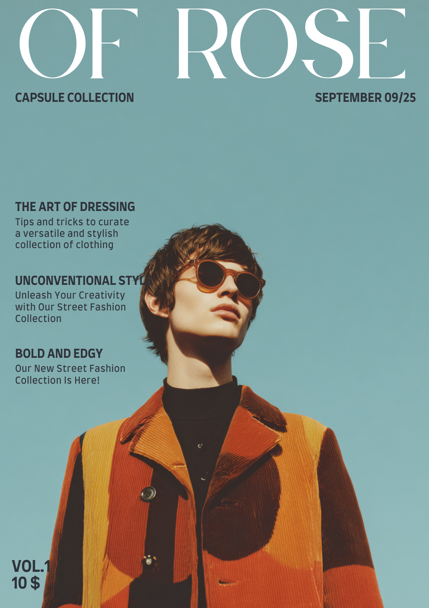 Fashion magazine cover titled "Of Rose" featuring a woman in a colorful, patterned jacket and large sunglasses against a clear blue sky.