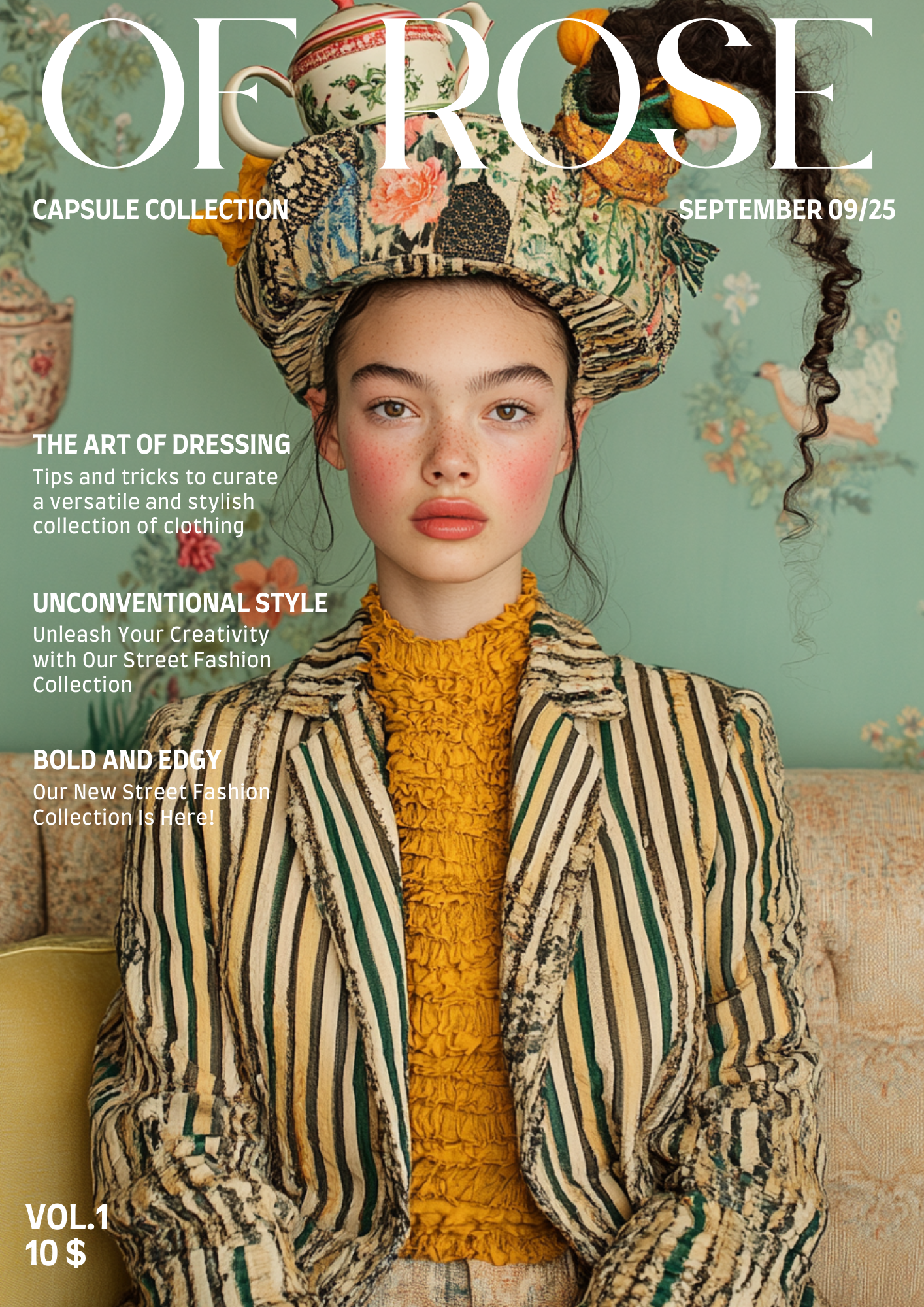 Cover of 'Oe Rose' magazine featuring a young woman with a vintage-style striped blazer and a mustard yellow textured top, wearing an elaborate headwrap decorated with a teapot and flowers, with a pastel green background and floral wall art.