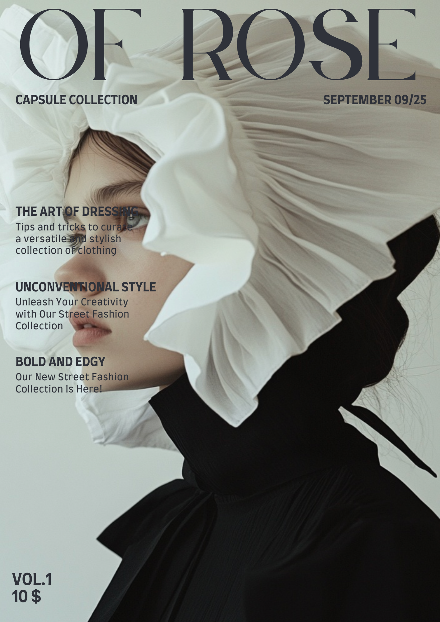 Fashion magazine cover featuring a woman in a black high-neck outfit with a large white ruffled collar covering part of her face, and text about fashion collection topics.