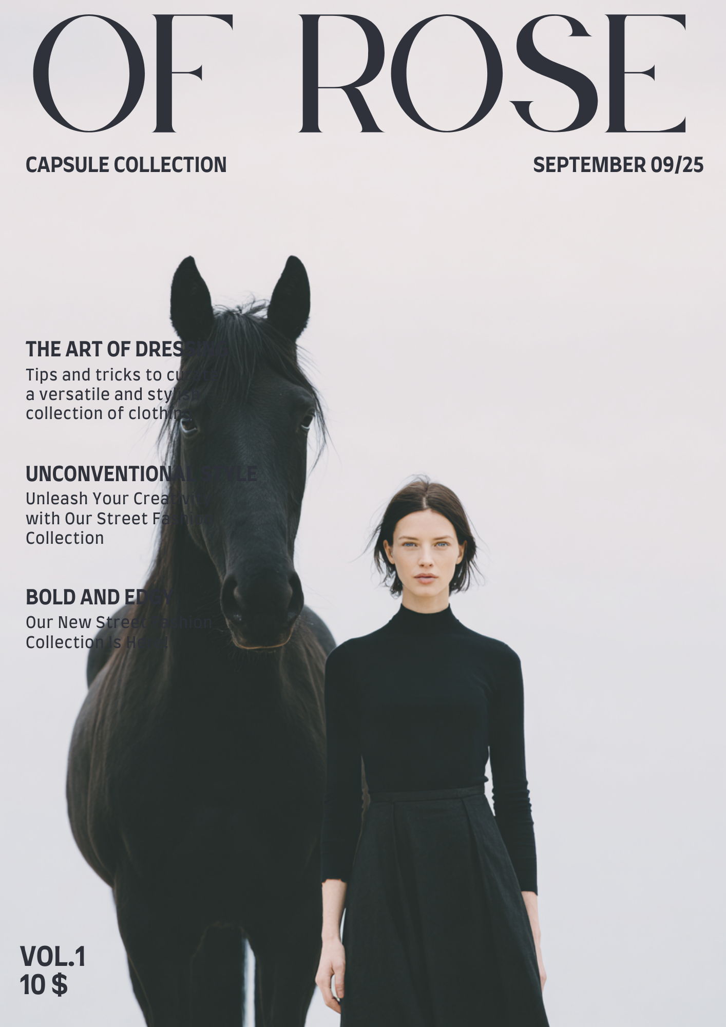 Magazine cover titled "Of Rose," featuring a woman in black clothing standing next to a black horse against a white background.