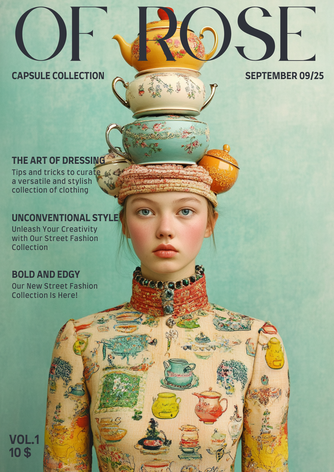 A fashion magazine cover titled "Of Rose" featuring a young woman with a stack of vintage teapots and cups balancing on her head, against a light green background. She wears a cream-colored top decorated with colorful illustrations of teapots, vases,