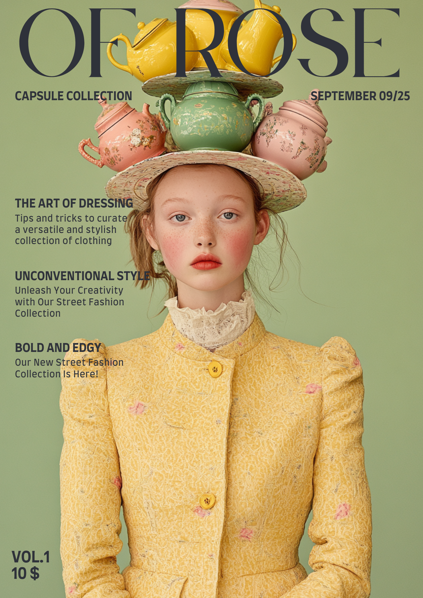 A fashion magazine cover titled 'OF ROSE,' featuring a young woman with red hair, freckles, and red lipstick. She is wearing a textured yellow blazer with pink accents and a lace high-neck blouse. She has a large, wide-brimmed hat decorated with past