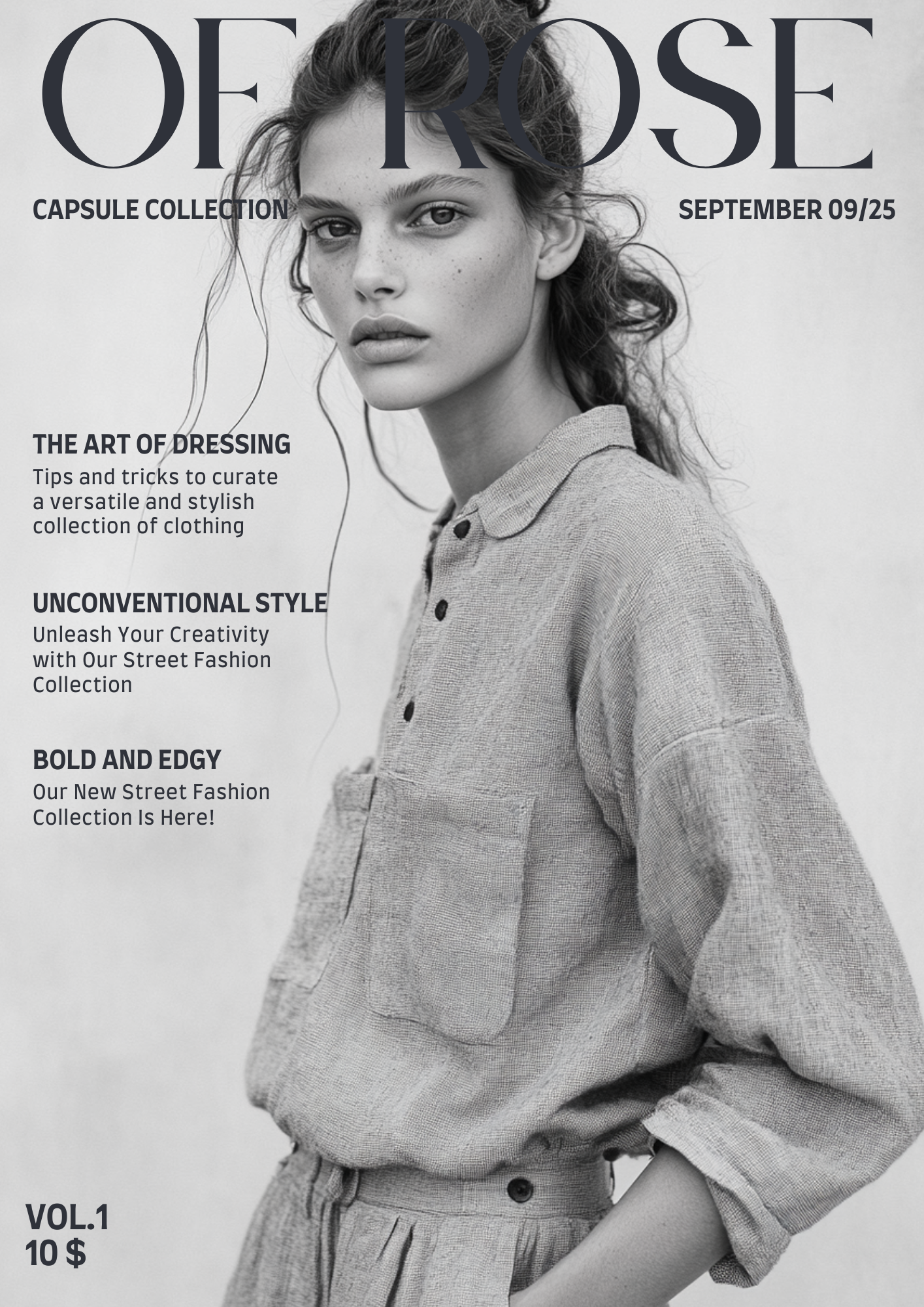Black and white magazine cover featuring a woman with wavy hair wearing a button-up shirt and high-waisted pants, with text about fashion tips and collections.