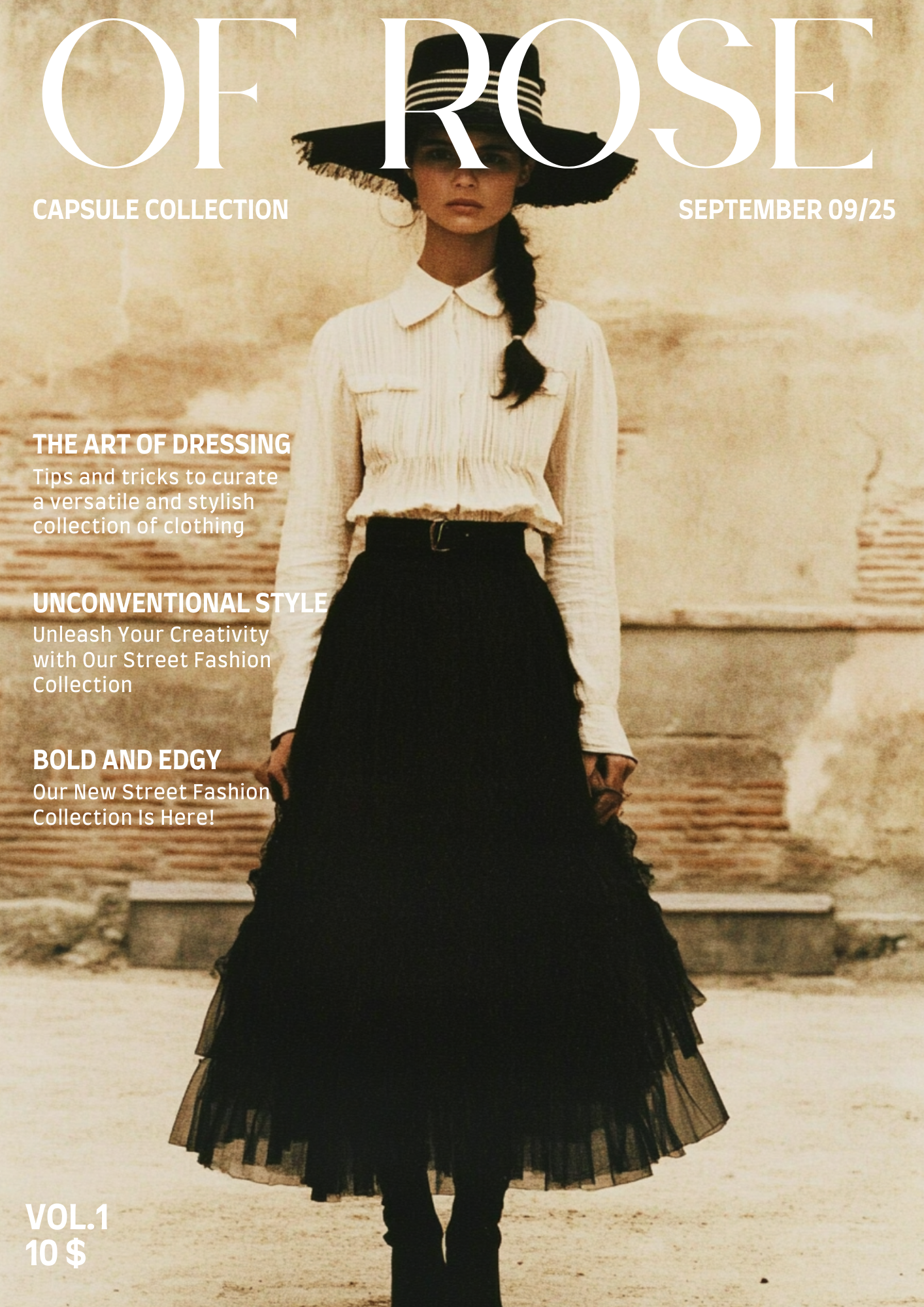 Fashion magazine cover titled 'Of Rose' featuring a woman in a vintage-inspired outfit with a large black hat, white blouse, and black full-length skirt, standing against a textured beige wall.