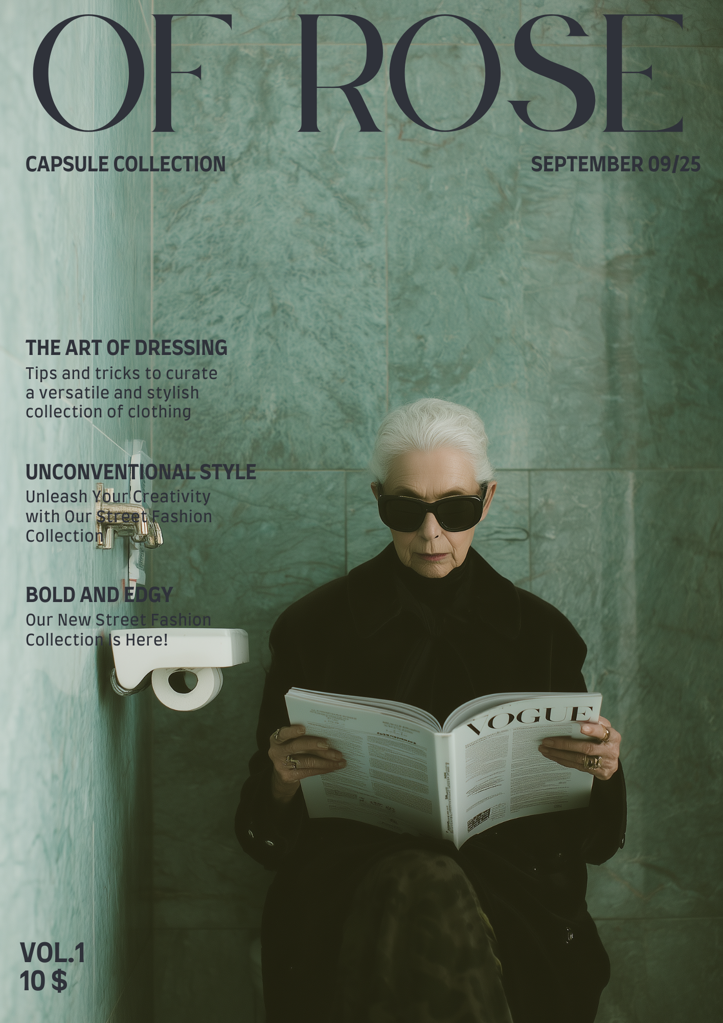 A woman with white hair and sunglasses sitting in a bathroom stall reading Vogue magazine.