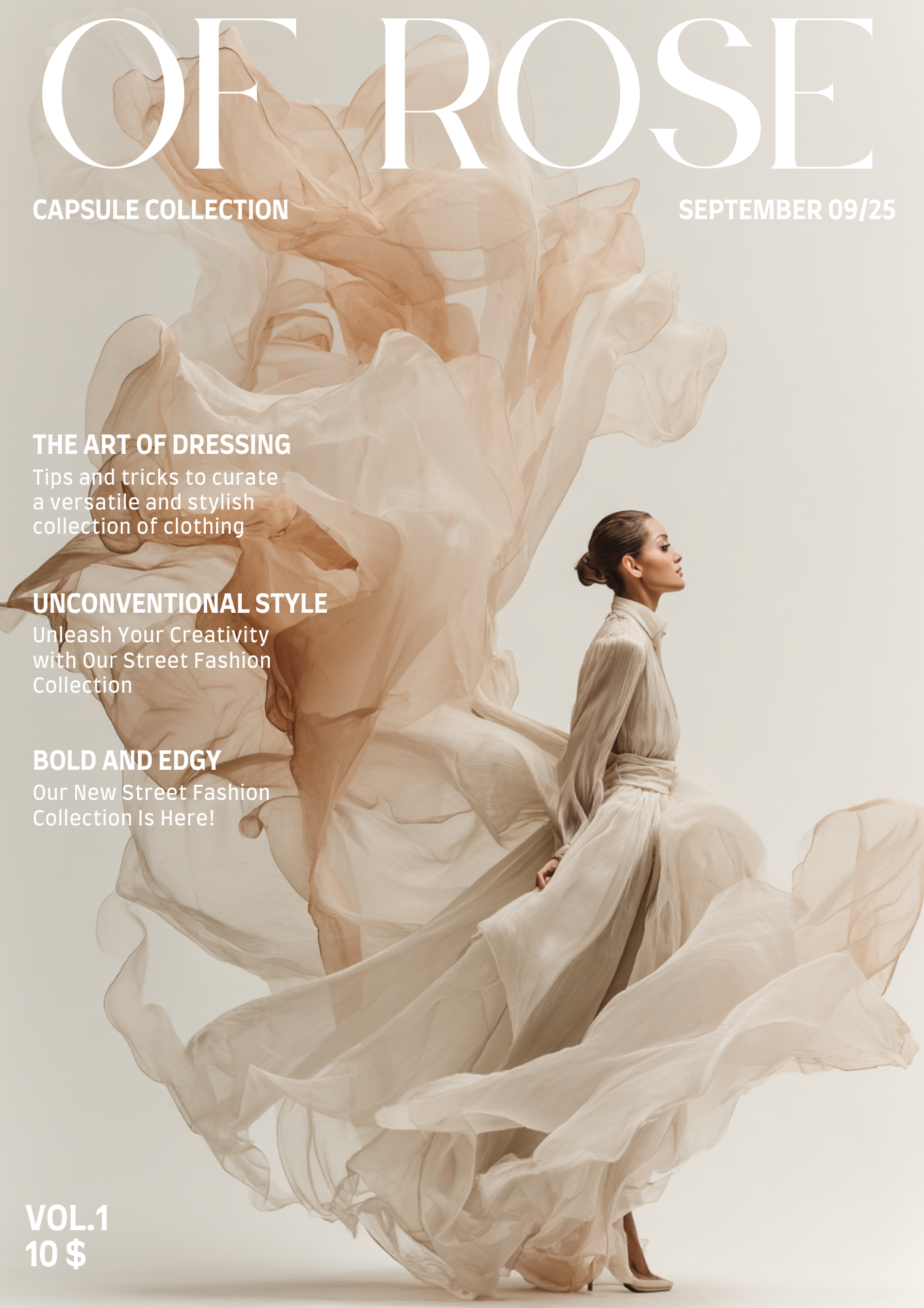 A fashion magazine cover titled 'Of Rose' featuring a woman in a flowing, beige dress with billowing fabric around her, and text about fashion topics.