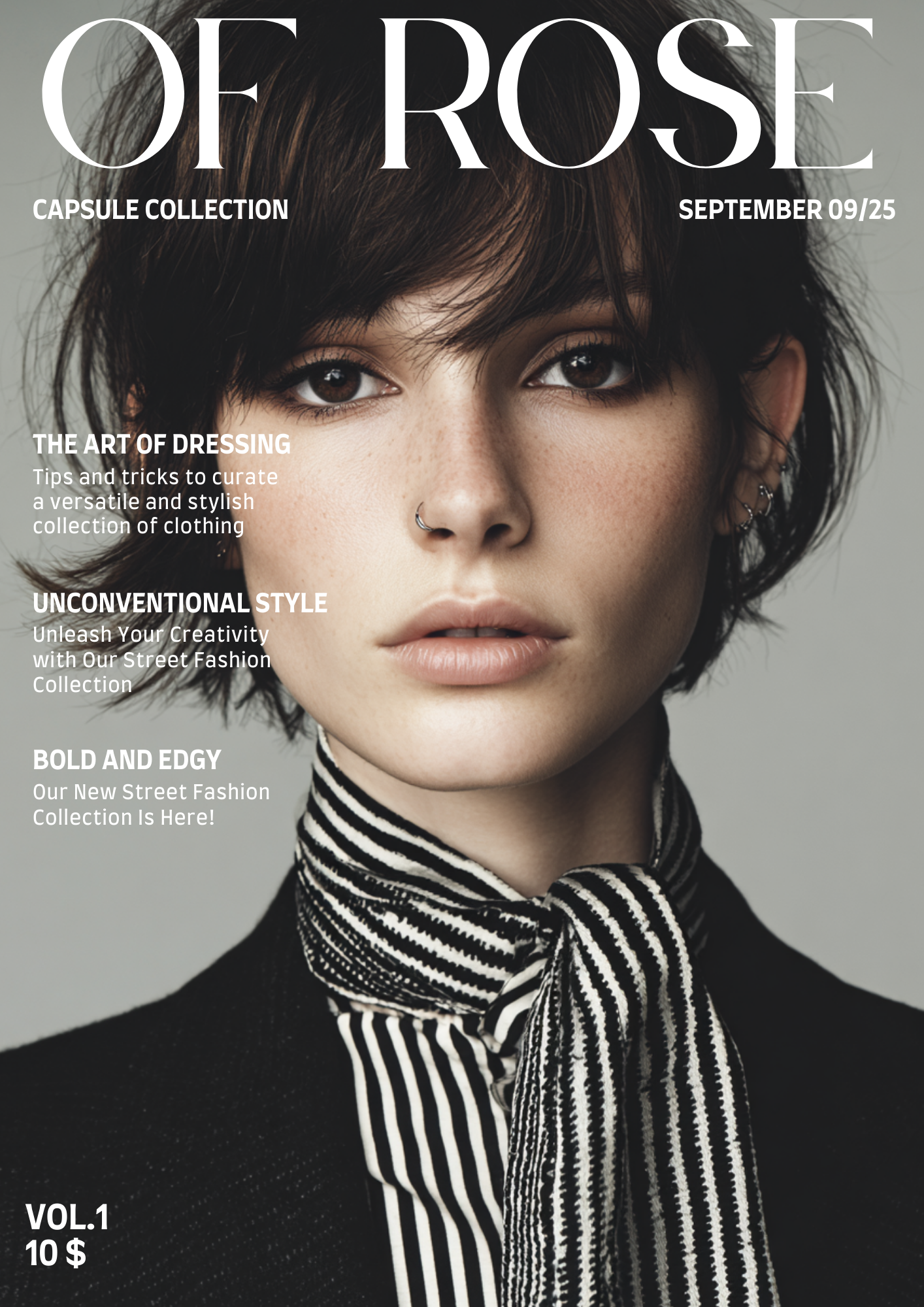 Close-up of a fashion magazine cover featuring a woman with short, tousled dark hair, wearing a black and white striped scarf and a black top. Text on the cover includes "OF ROSE," "Capsule Collection," "September 09/25," "The Art of Dressing," "Unco