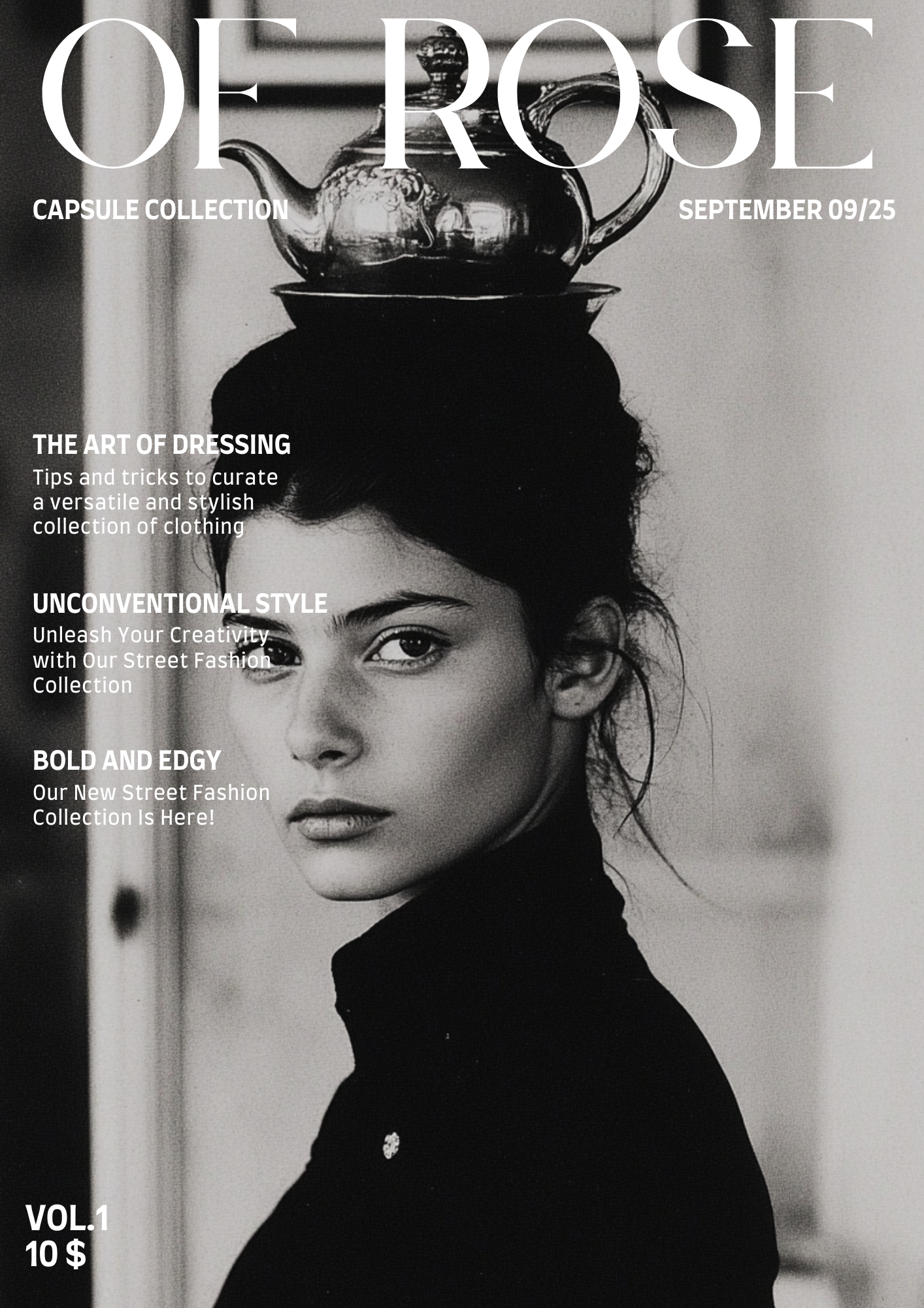 Black and white magazine cover featuring a woman with a teapot on her head and text about fashion and style.