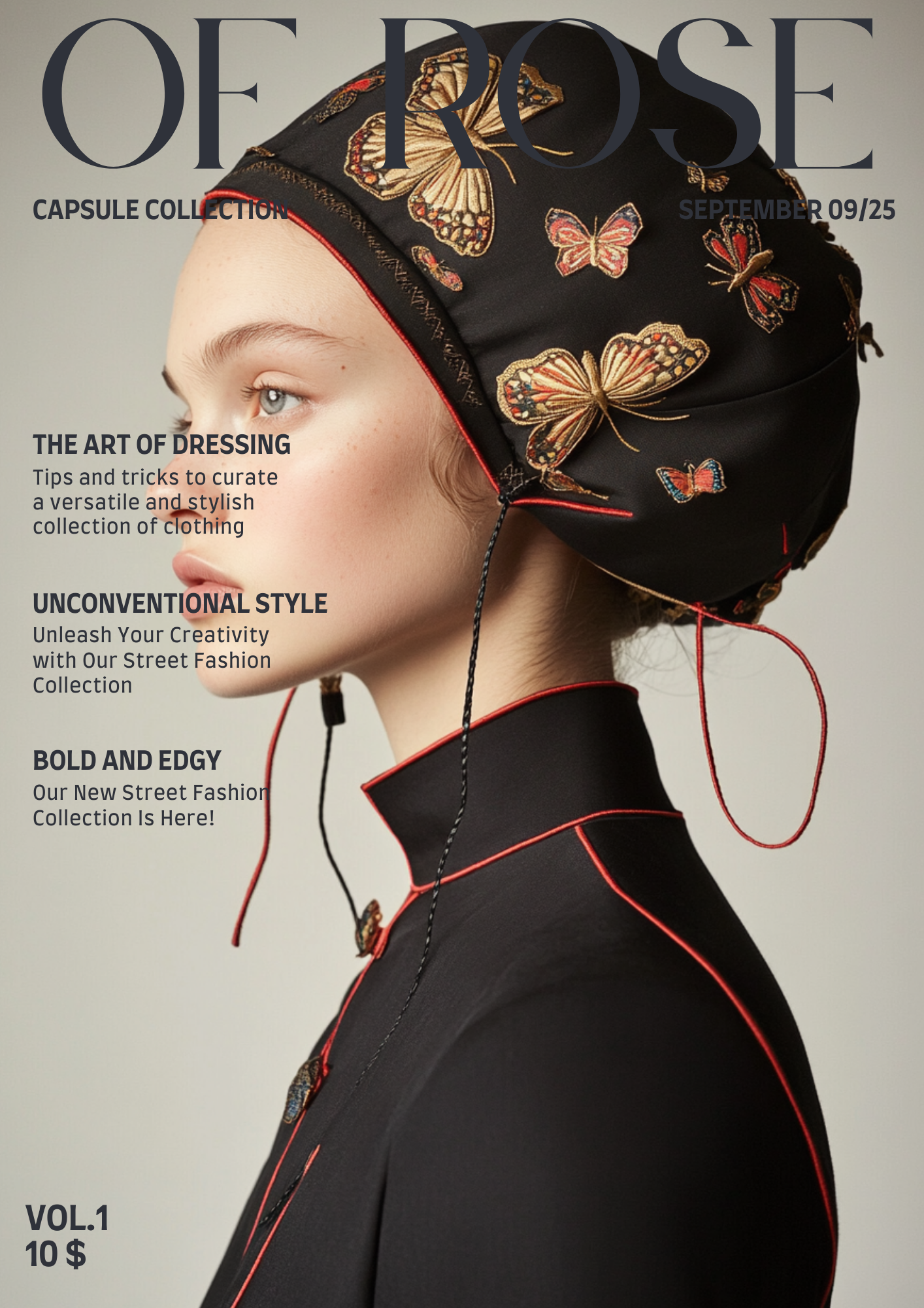 A woman with fair skin and blonde hair, wearing a black headscarf with colorful butterfly patterns and a black garment with red piping, posed in profile against a light grey background.