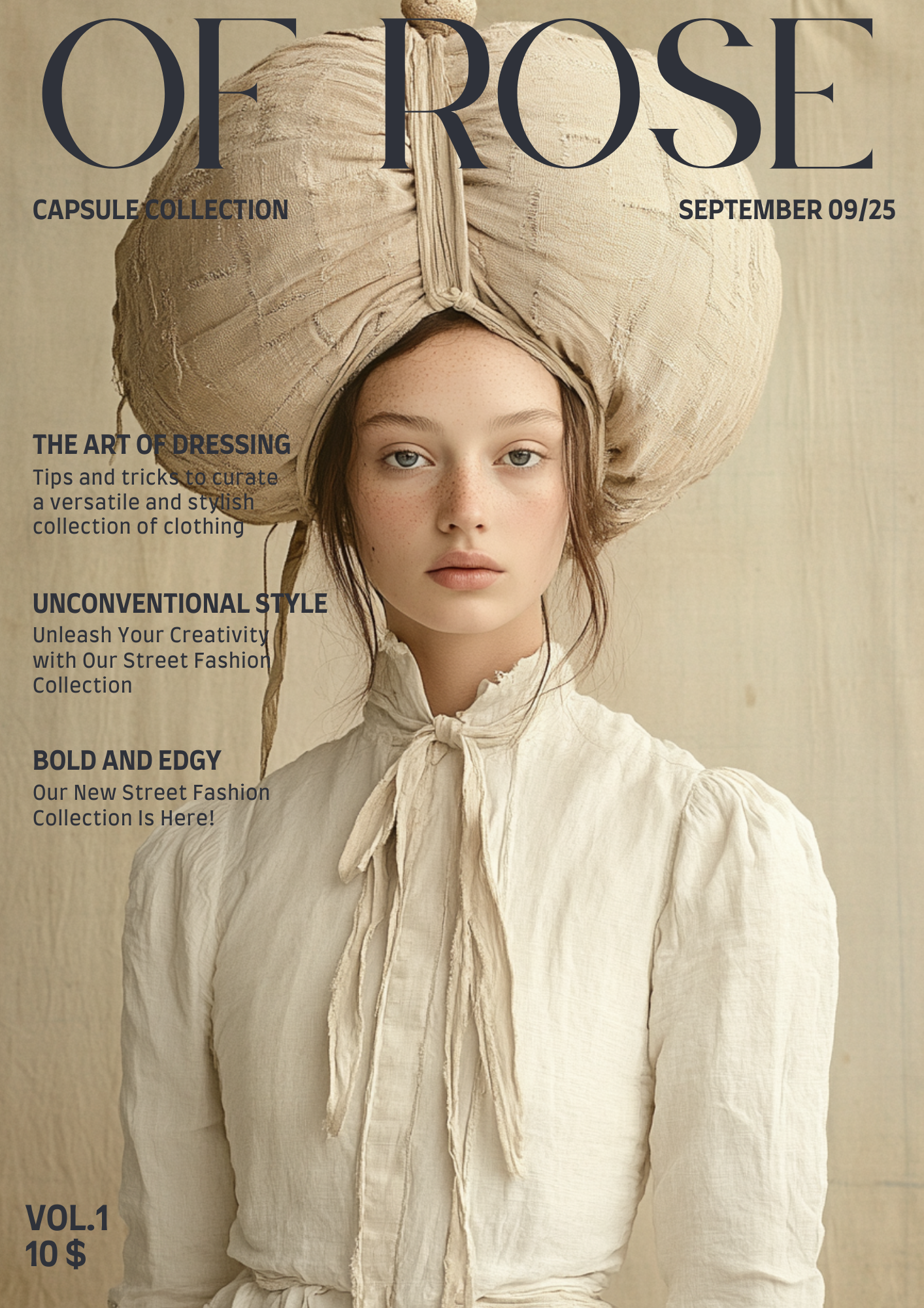 Magazine cover featuring a young woman with fair skin, freckles, and blue eyes, wearing a cream-colored vintage-style blouse with a bow at the collar and a large, beige, textured headwrap. The background is neutral and textured. The magazine is title
