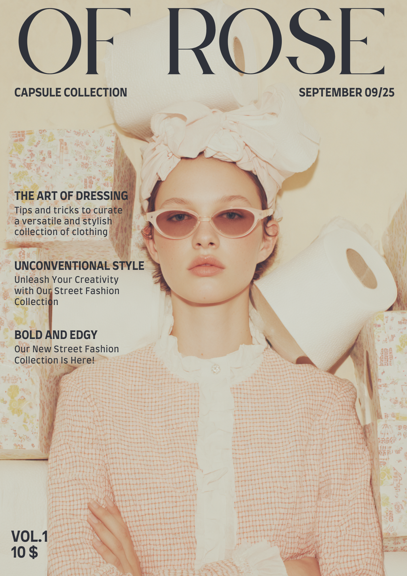 Magazine cover titled 'Of Rose' featuring a woman in pink sunglasses and a pink bandana, with rolls of toilet paper and floral-patterned tissue boxes in the background.