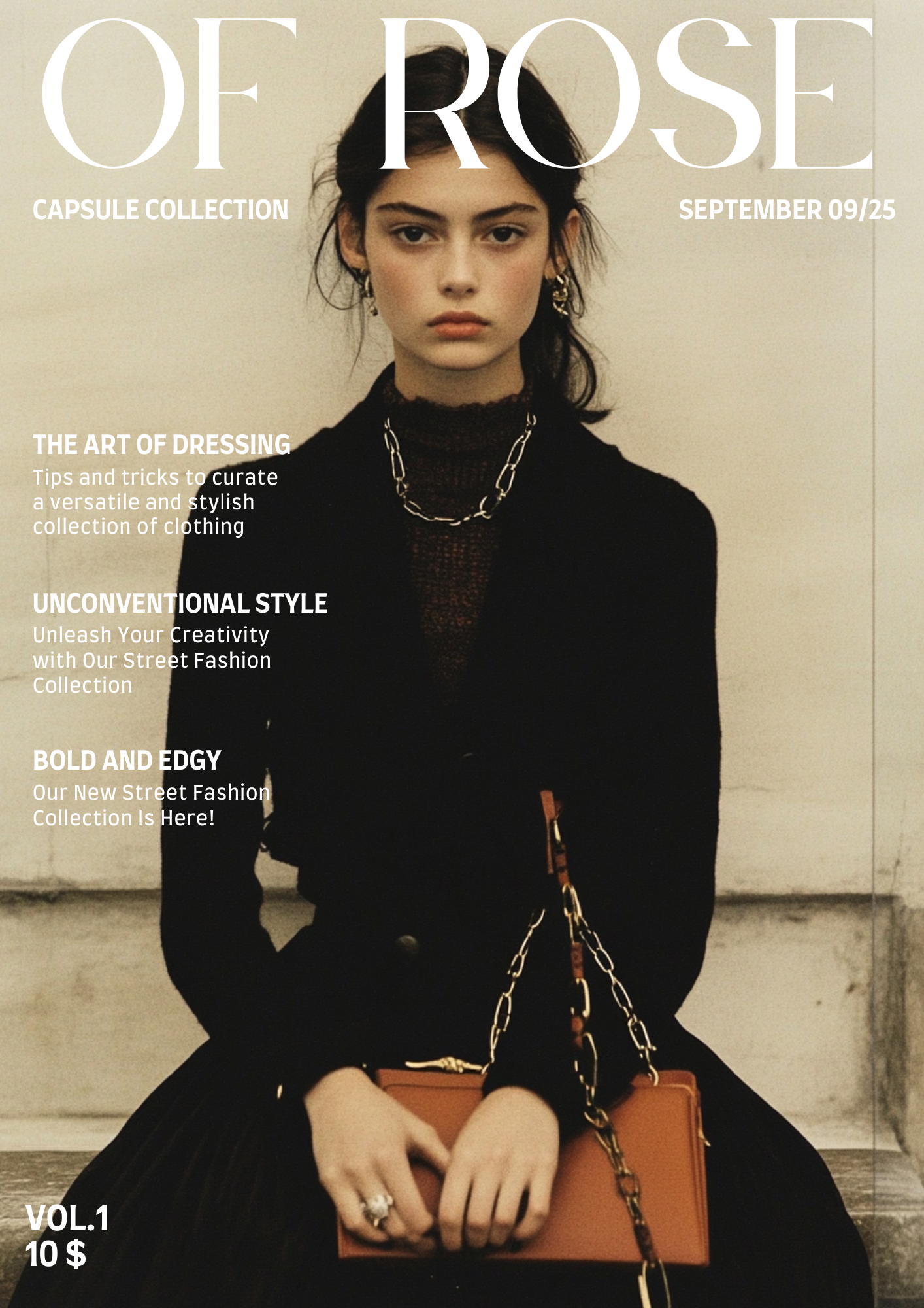 Fashion magazine cover featuring a woman dressed in black, holding a brown purse with a gold chain strap, and wearing gold jewelry, against a beige background.