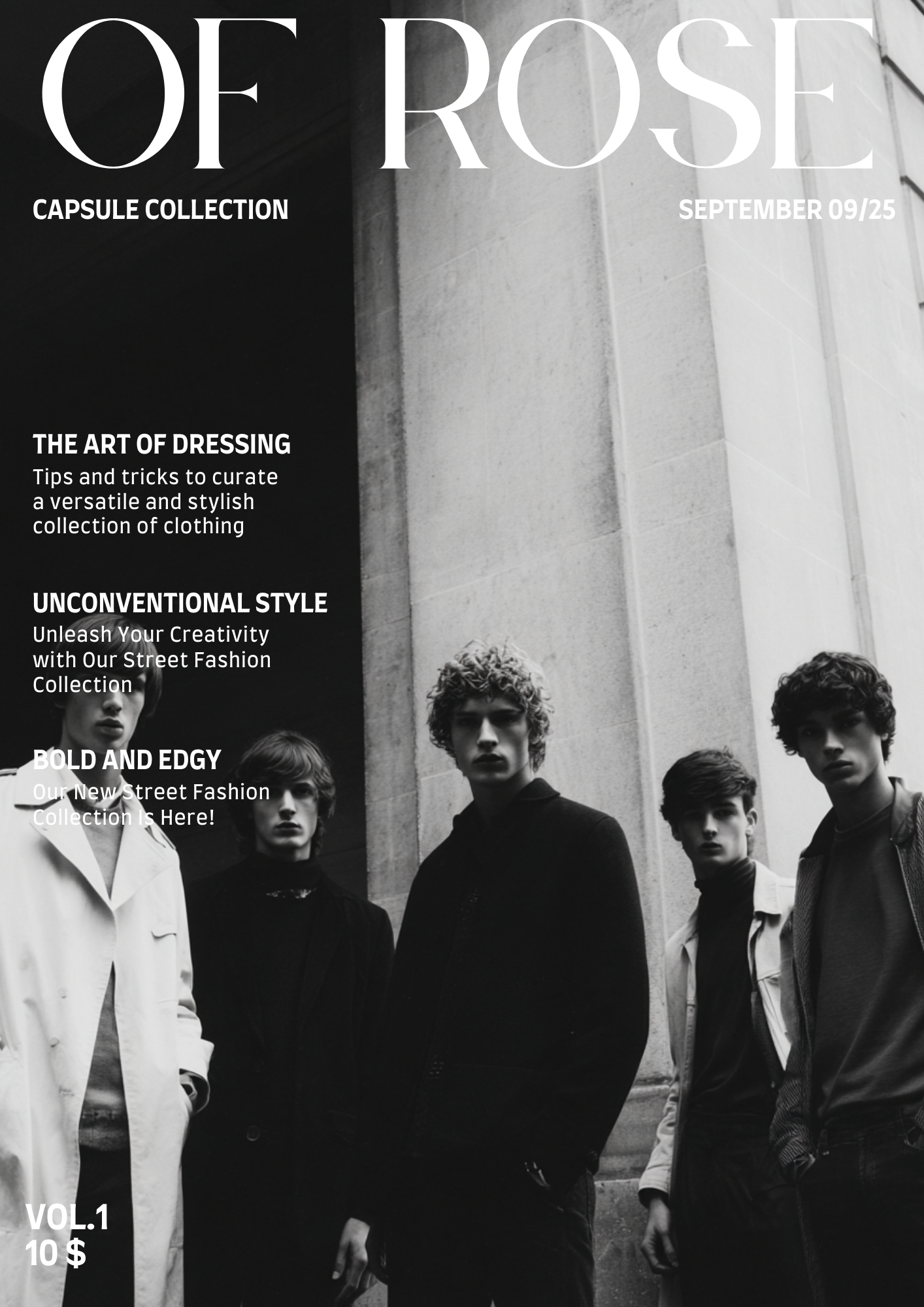 Black and white magazine cover titled 'Of Rose' featuring five young male models standing outdoors in front of a concrete wall, dressed in stylish street fashion.