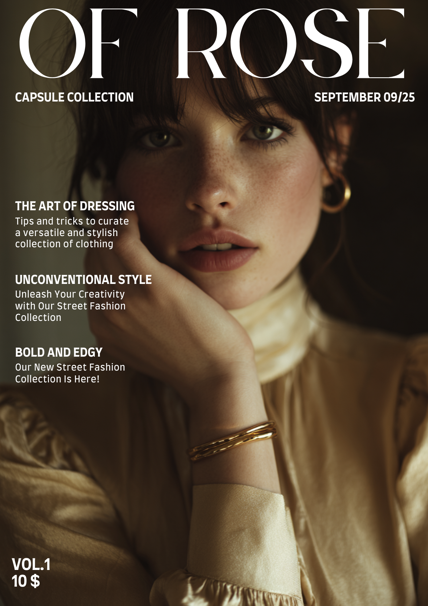 Close-up portrait of a young woman with freckles and brown hair, wearing gold jewelry and a beige satin shirt, posing with her hand near her face.