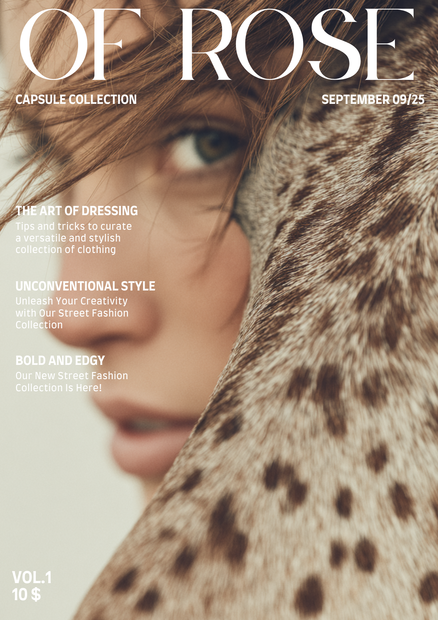 Magazine cover titled "OF ROSE" featuring a close-up of a woman with reddish hair and a leopard print fabric partially covering her face.