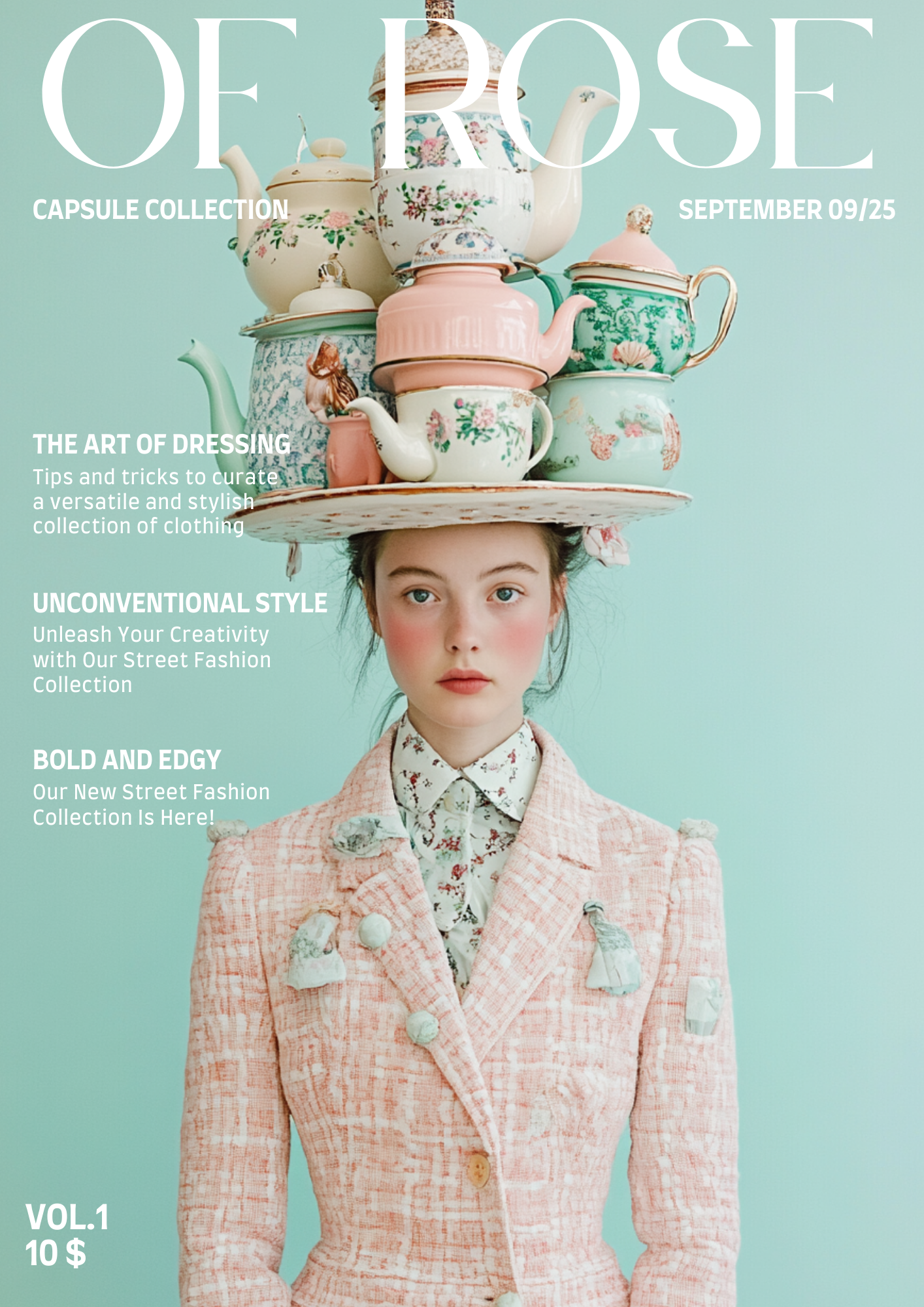 A young woman with a serious expression wearing a pink textured blazer with decorative pins and a floral collared shirt. Her hair is up, and she has a teapot and cups stacked on her head, set against a light turquoise background. Text overlays mentio