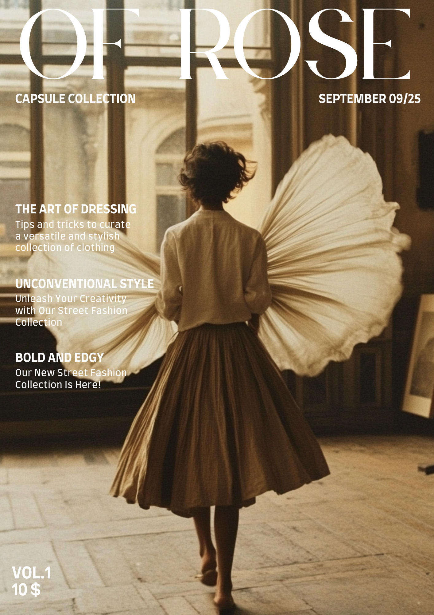 Magazine cover for 'Of Rose' featuring a woman with shoulder-length curly hair walking indoors in front of large windows, wearing a beige blouse and a full brown pleated skirt, holding a large white paper umbrella.
