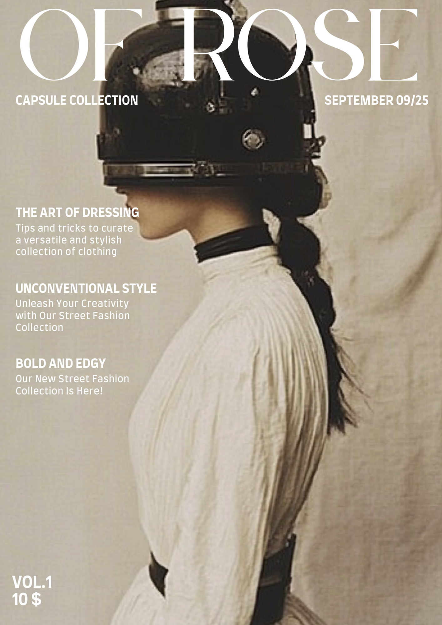 A woman wearing a vintage pilot helmet with goggles, dressed in a white pleated blouse, standing sideways against a plain background.