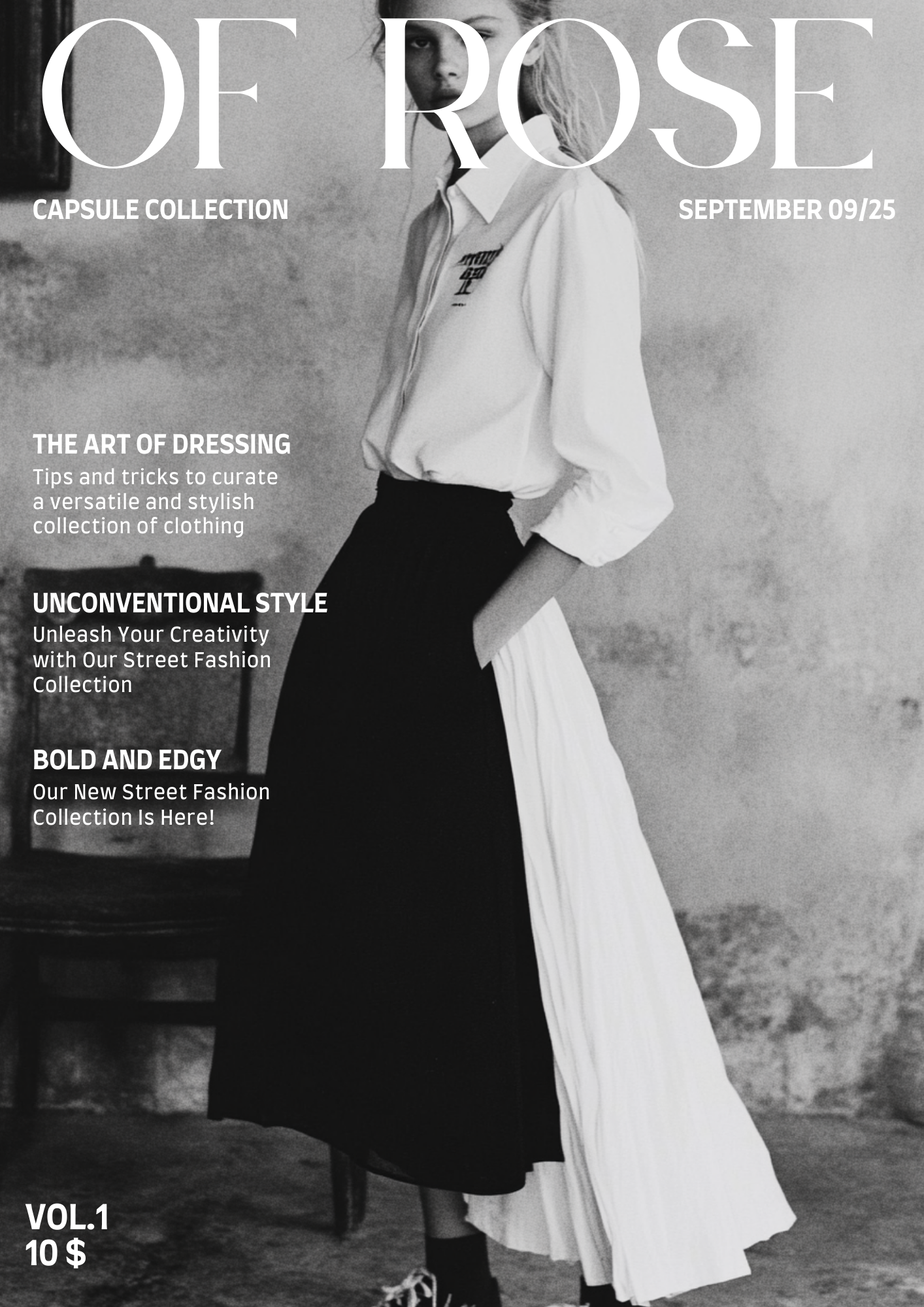 A fashion magazine cover featuring a black and white photograph of a woman standing indoors with an industrial-style background. She is wearing a white long-sleeved blouse tucked into a high-waisted black skirt with a pleated white fabric attached to