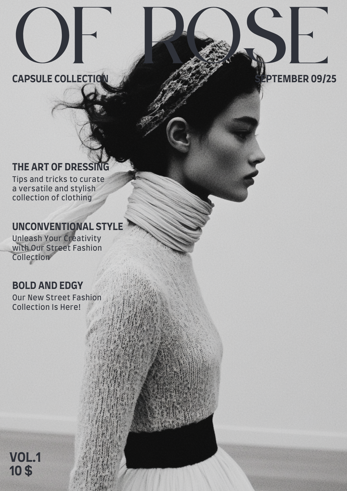 Black and white fashion magazine cover featuring a woman with styled hair, a headband, and layered clothing, with magazine text overlaying the image.