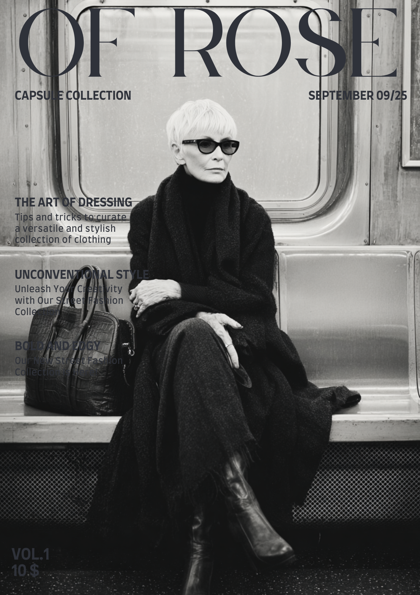 A black-and-white photograph of an elderly woman with short, white hair, wearing dark sunglasses, a black turtleneck, a coat, and patterned pants, sitting on a subway bench with a black handbag beside her.