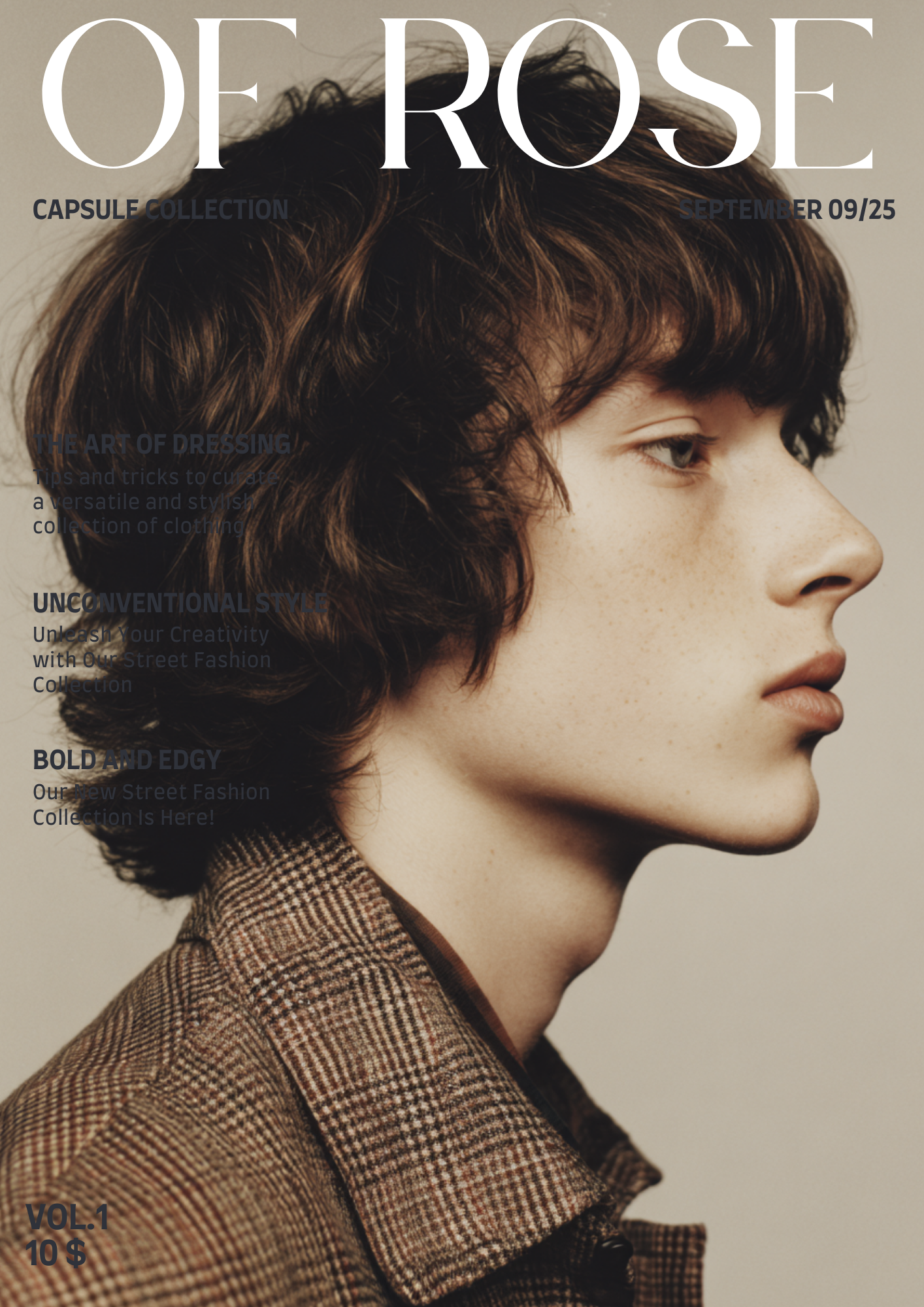 Magazine cover featuring a close-up profile of a woman with short, curly brown hair, wearing a brown checkered jacket, with text about fashion and styling.