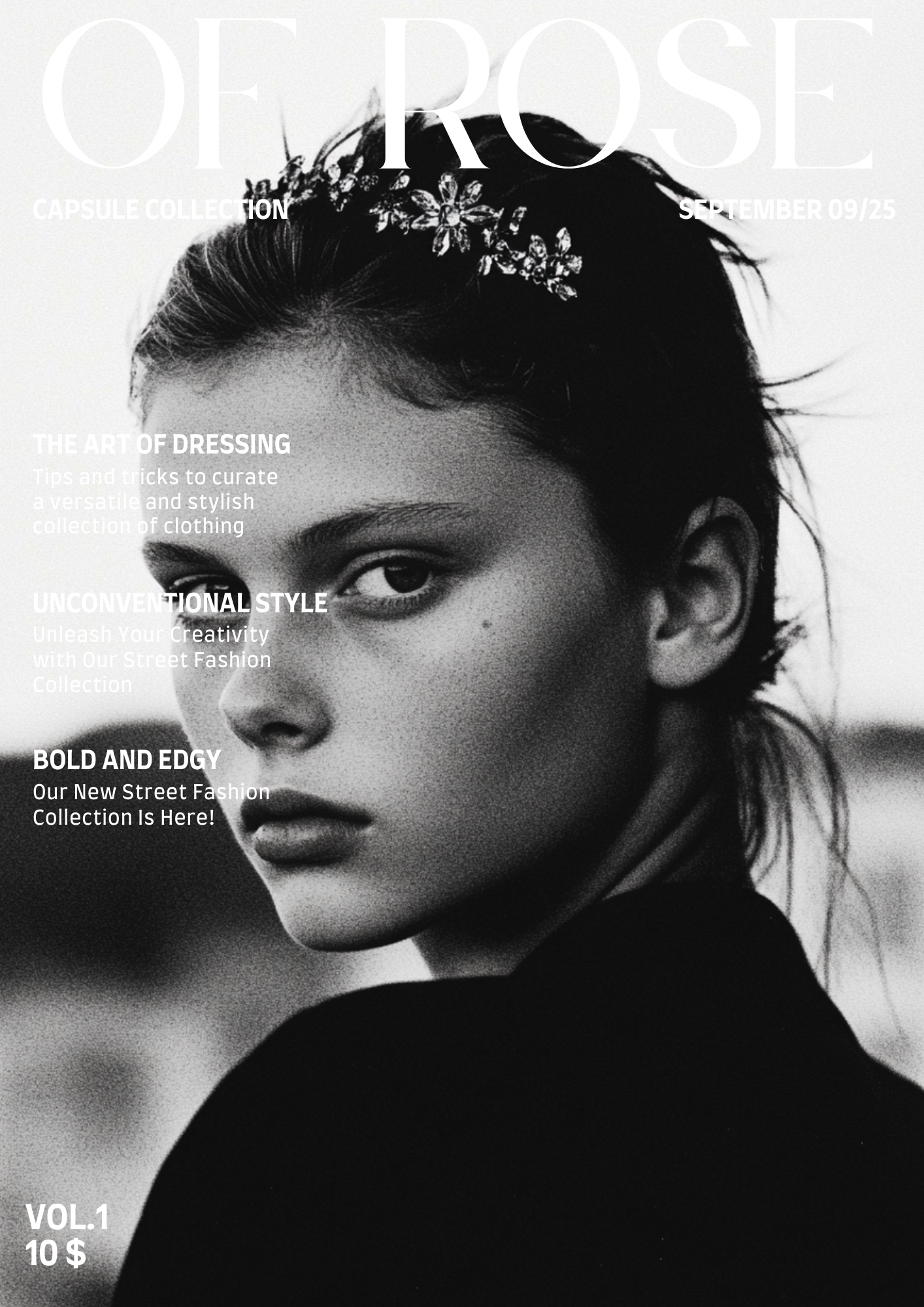 Black and white magazine cover featuring a close-up of a young woman with textured skin, wearing a floral headband, with overlaid white text about fashion themes.