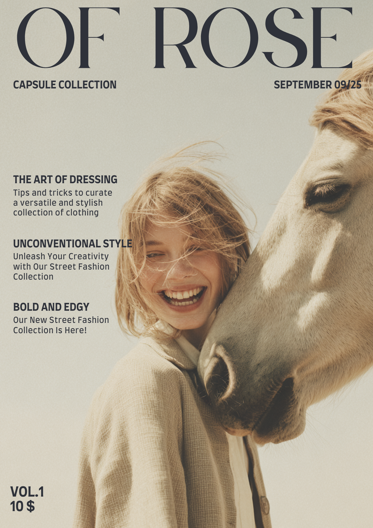 A woman with short blonde hair smiling and hugging a white horse. The background is neutral. The magazine cover includes headings about fashion tips and lifestyle topics.