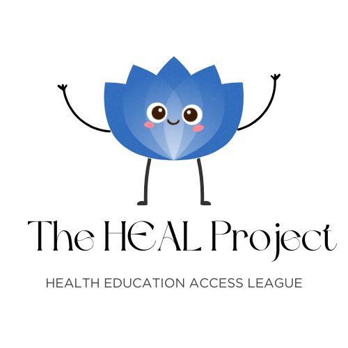 A cartoon blue lotus flower with a smiling face, arms, and legs, representing The HEAL Project, a health education access league.
