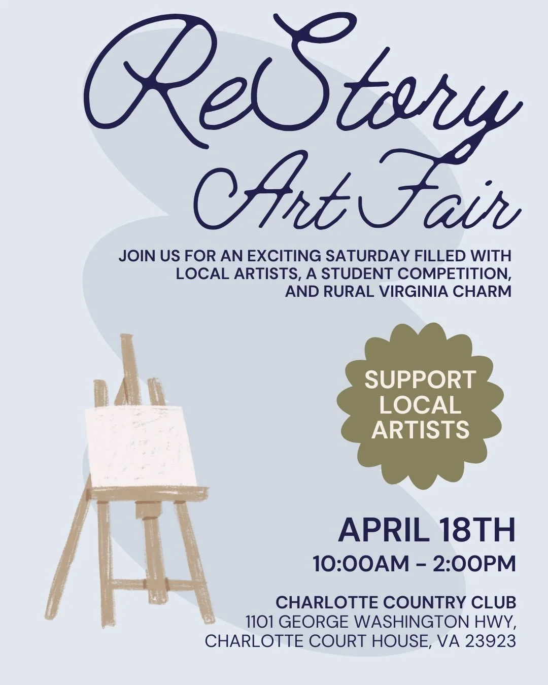Join us for ReStory&rsquo;s First Annual Art Fair! 

On April 18th from 10:00am, local and semi-local artists will present their artwork for sale at the local Charlotte Country Club. There will be light refreshments, local products, and wonderful rur