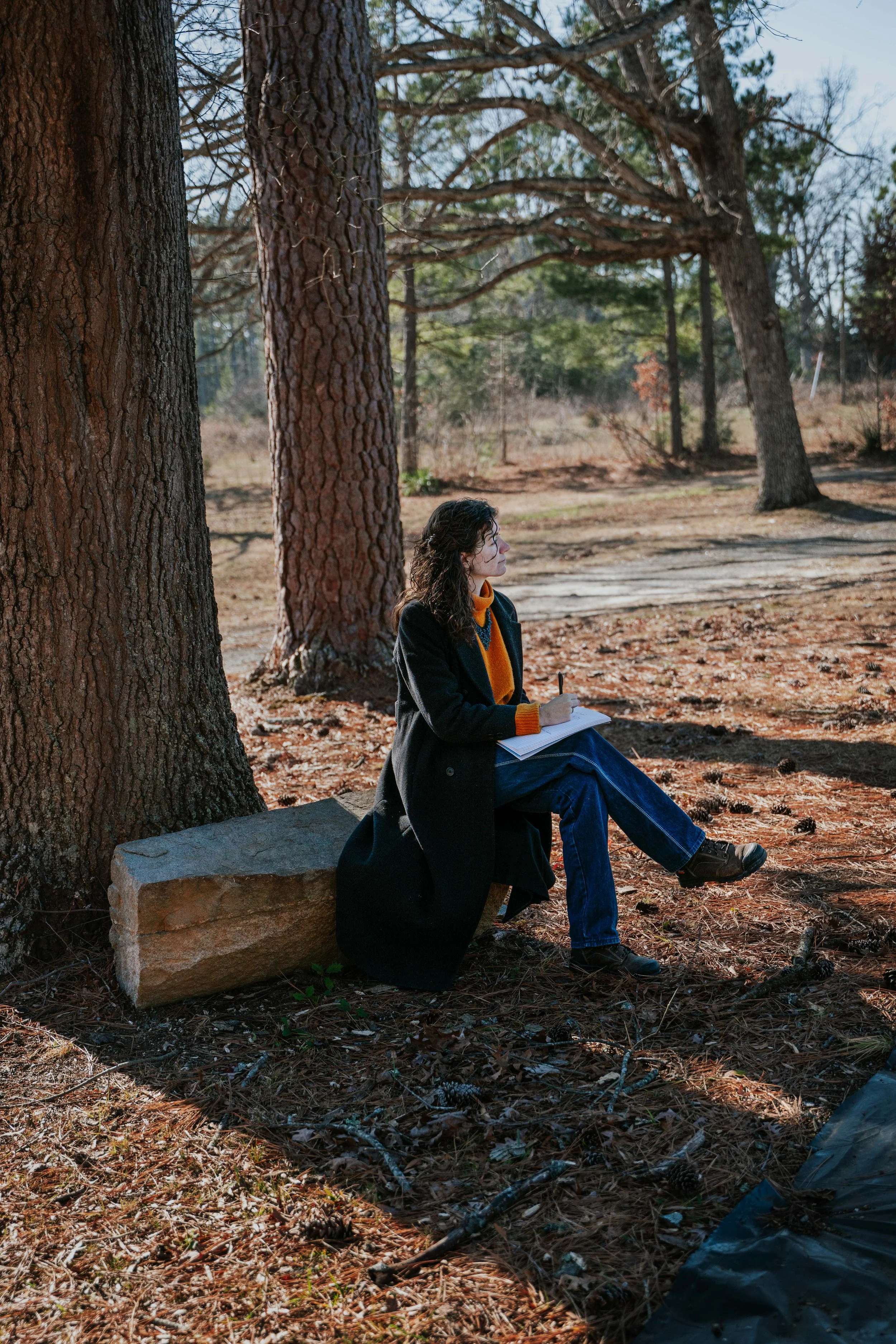 A woman sits on a stone bench in a wooded area, writing in a notebook with trees and a dirt path in the background on a sunny day.