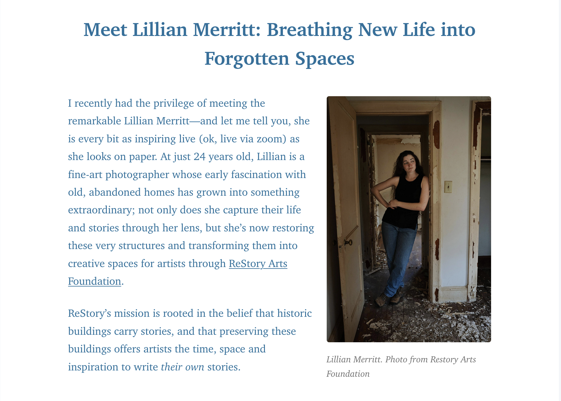A woman standing in a doorway of an abandoned house with peeling paint and debris on the floor, looking curious.