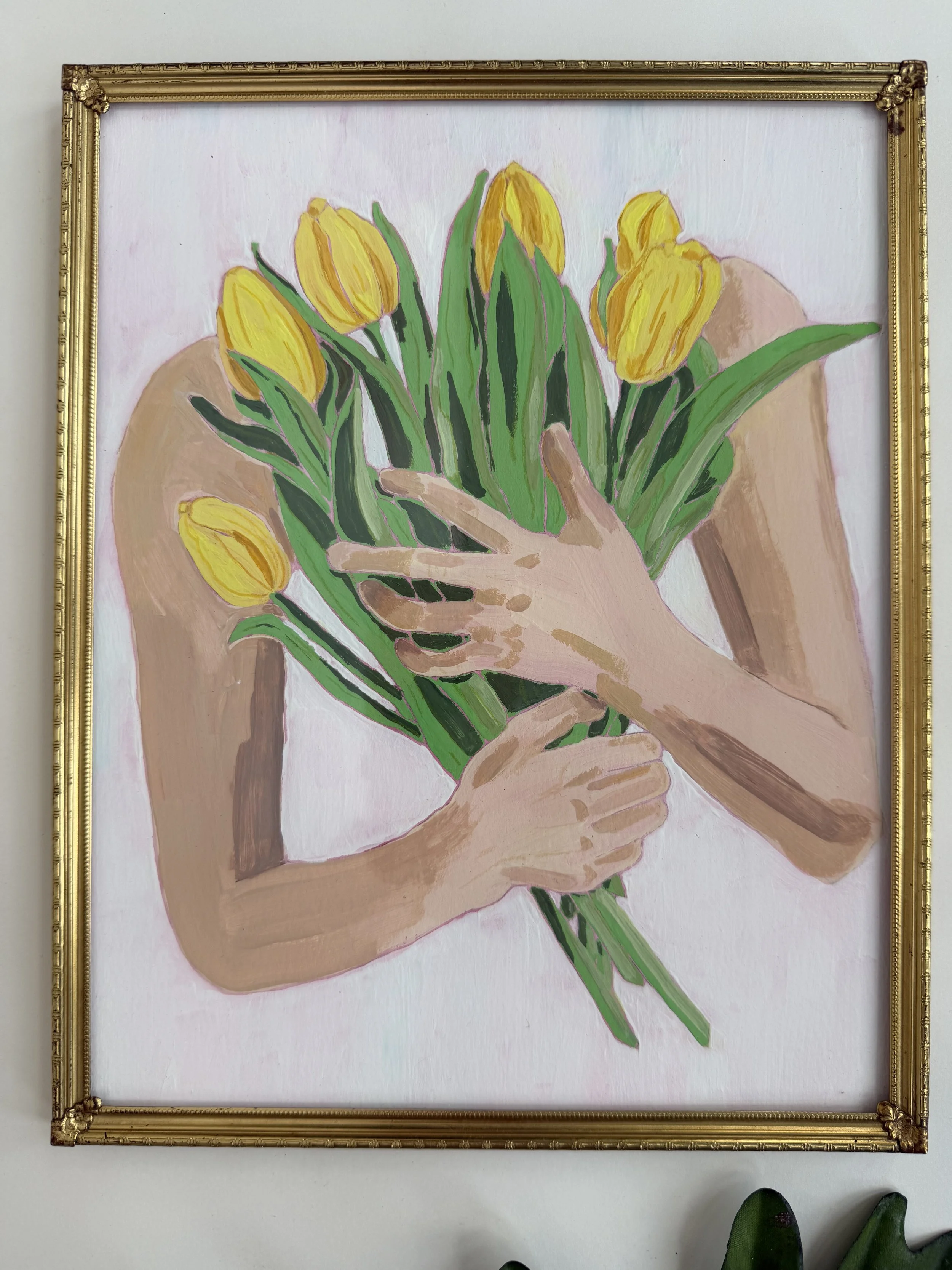 Tulips in Arms Original Goauche on Paper in Antique Gold Frame