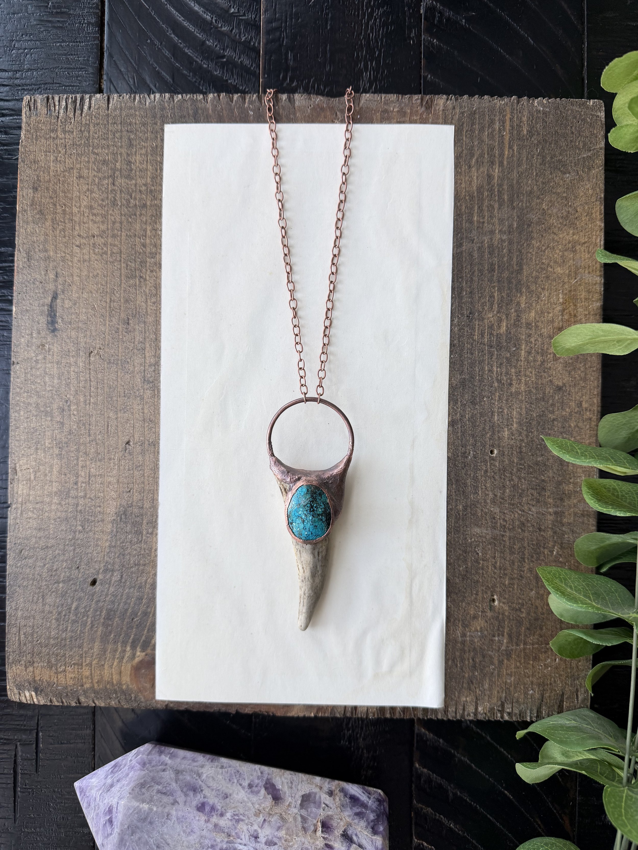 Antler and Magnesite Turquoise set in Electroformed Copper on a long Antique Copper Plated Chain