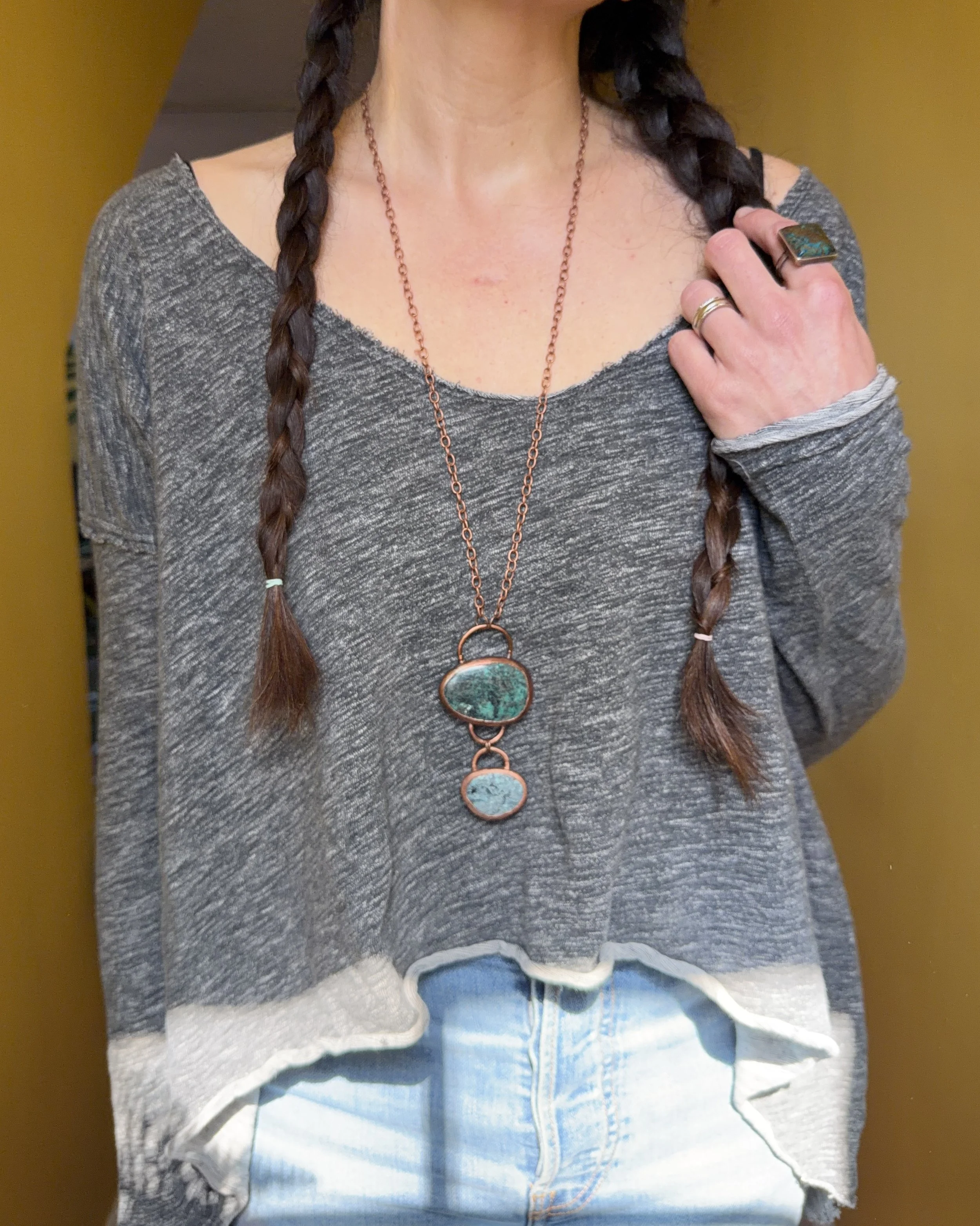 Double Magnesite Turquoise Stone Electroformed Copper Pendant